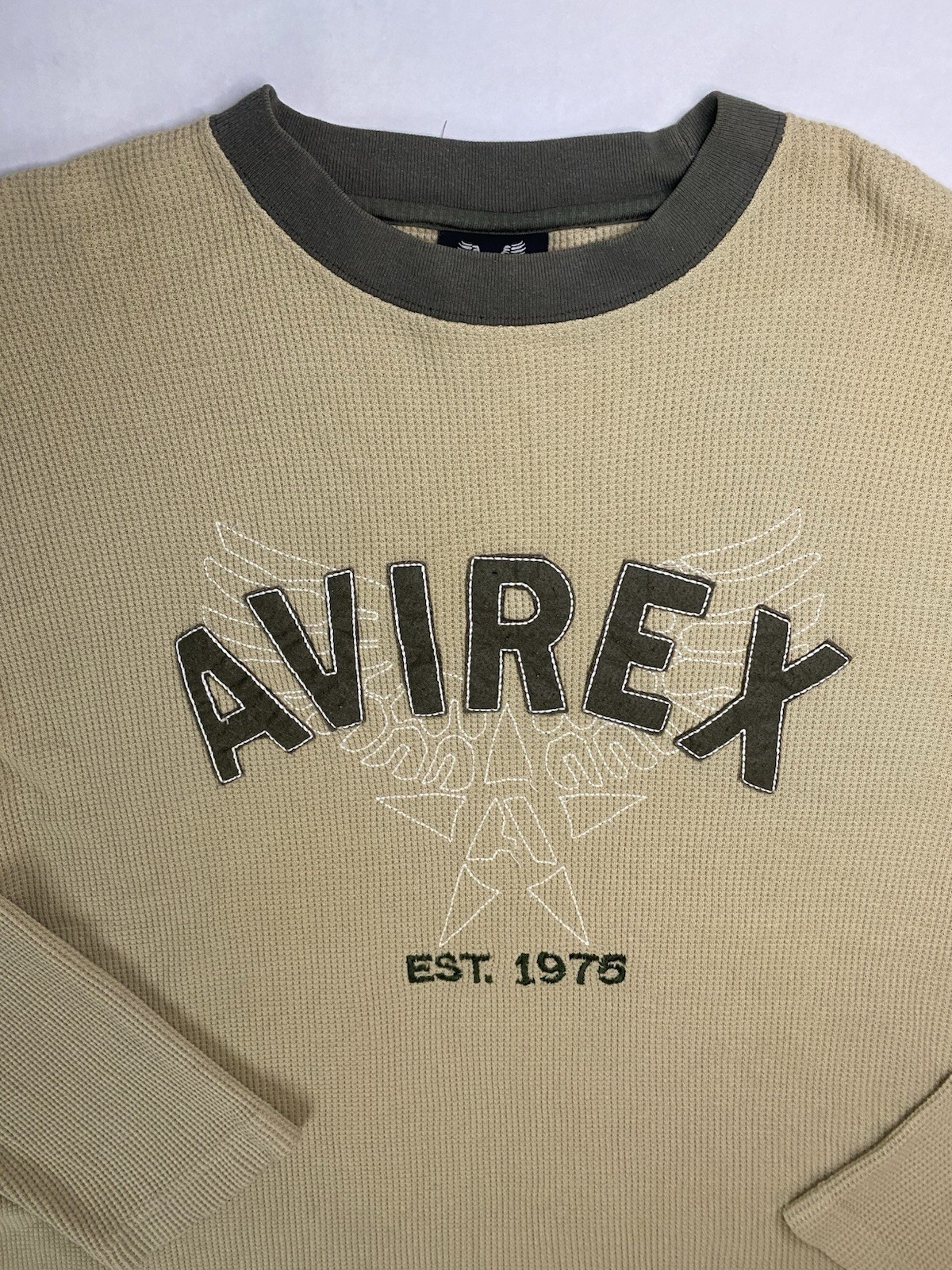 Avirex Waffle Knit Thermal Shirt Mens L Tan Military Logo Long Sleeve Y2K gallery