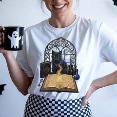 Witchy Black Cat Spell Book Tee, Gothic Moon Cat Magic Shirt