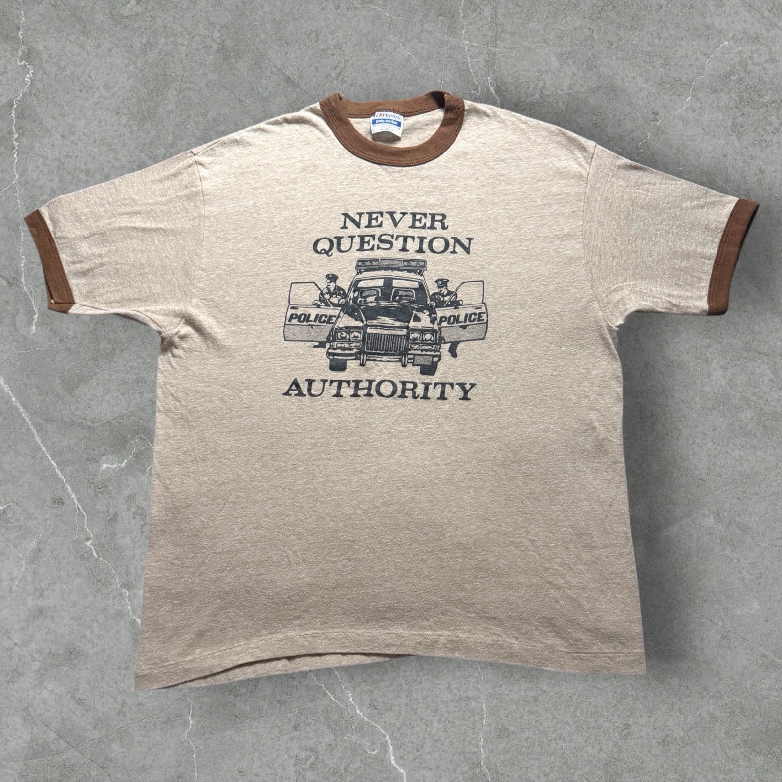 Vintage 1980s Never Question Authority Ringer Tee Brown XL Police Censorship