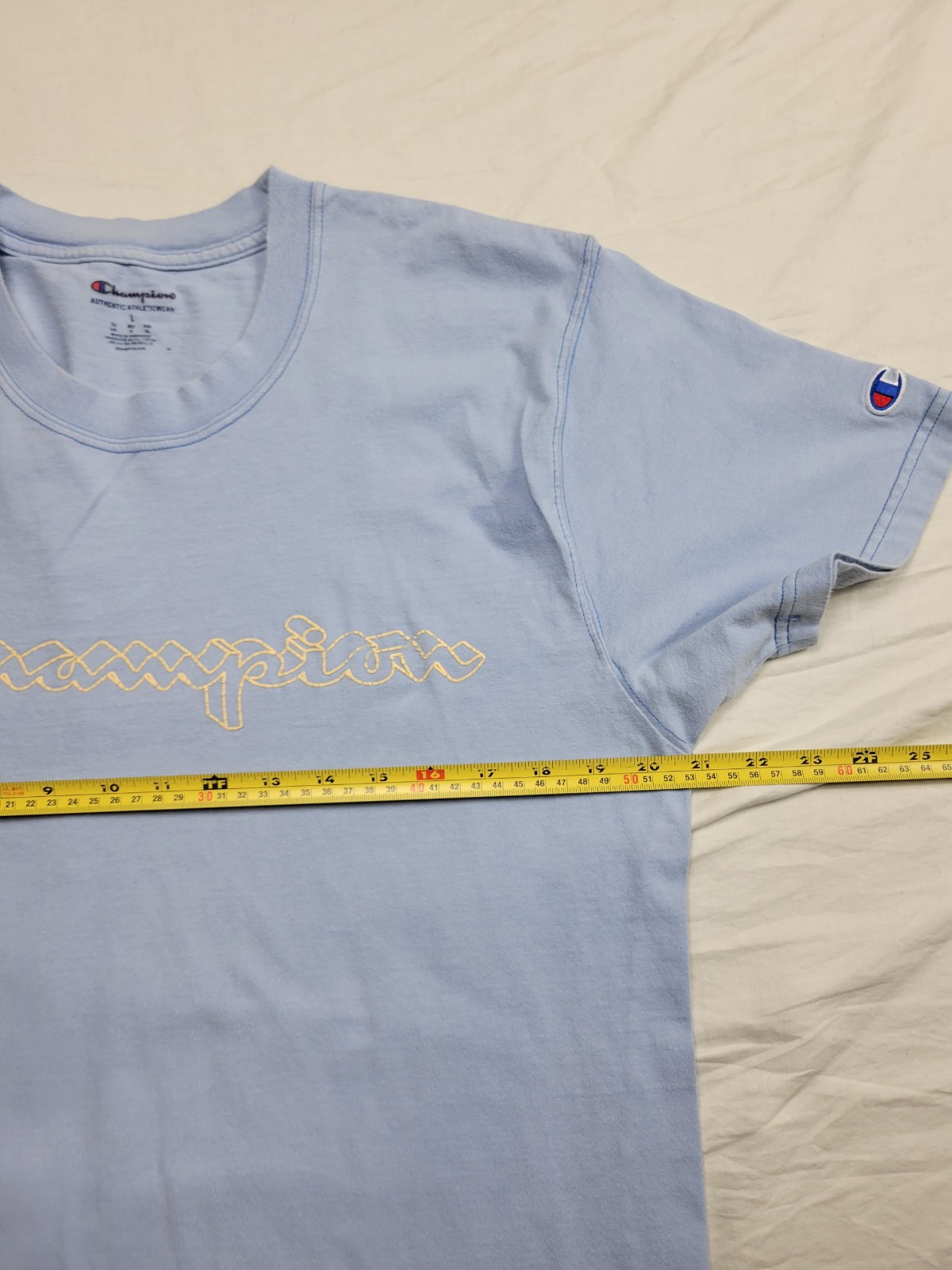 Champion Script Logo T-Shirt Size Large Blue Short Sleeve Graphic gallery