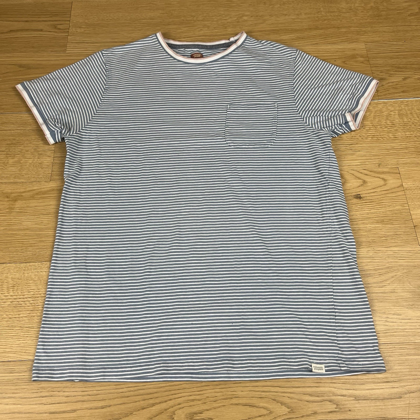 Common People Men's Blue Pink Striped Pocket Cotton Tee T Shirt M Medium Indi gallery