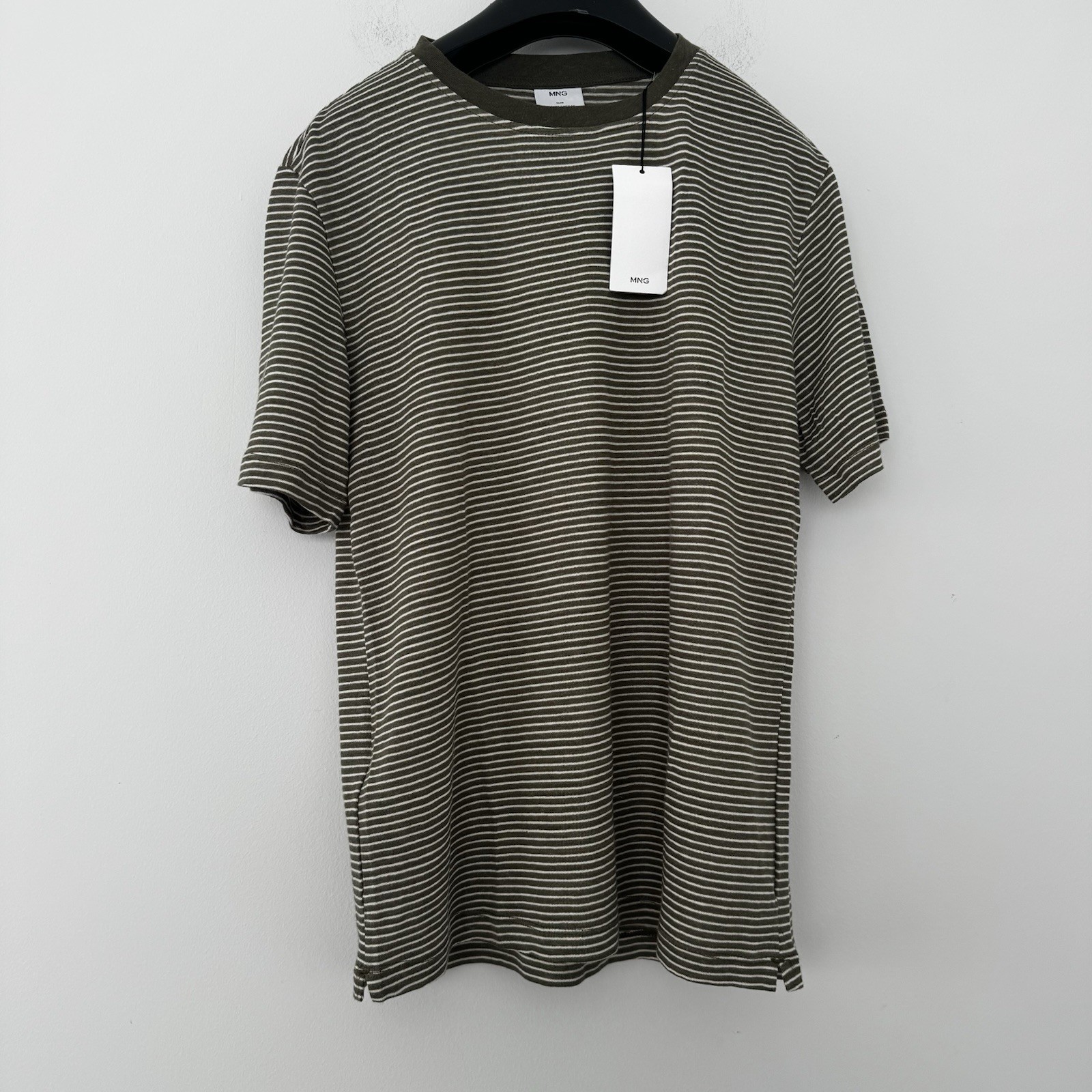 NWT Mango MNG Linen Cotton T-shirt Small Slim Fit Striped Olive Green White Tee gallery