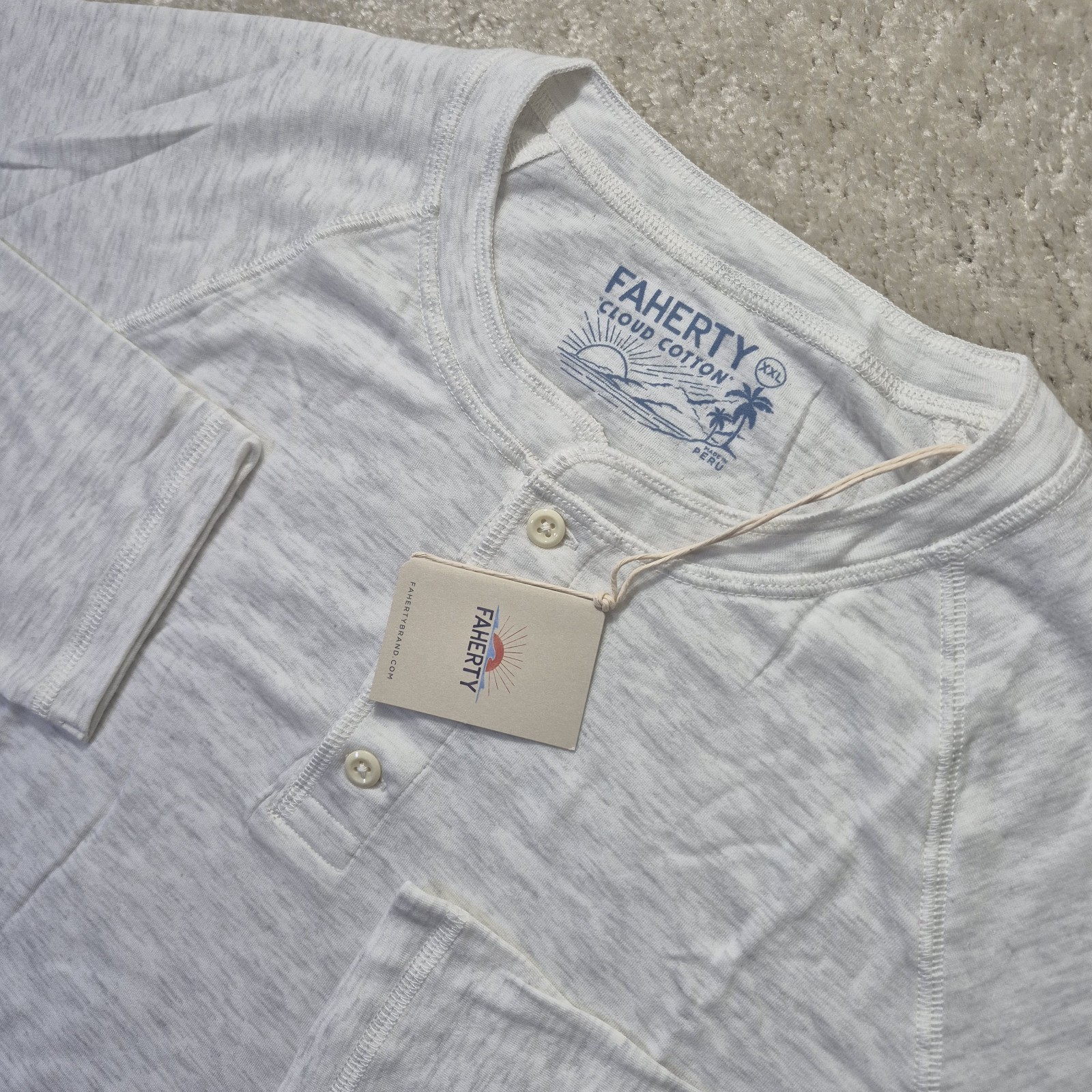 Faherty Cloud Cotton Henley Shirt Mens 2XL Beige Stretch Preppy Minimalist New gallery