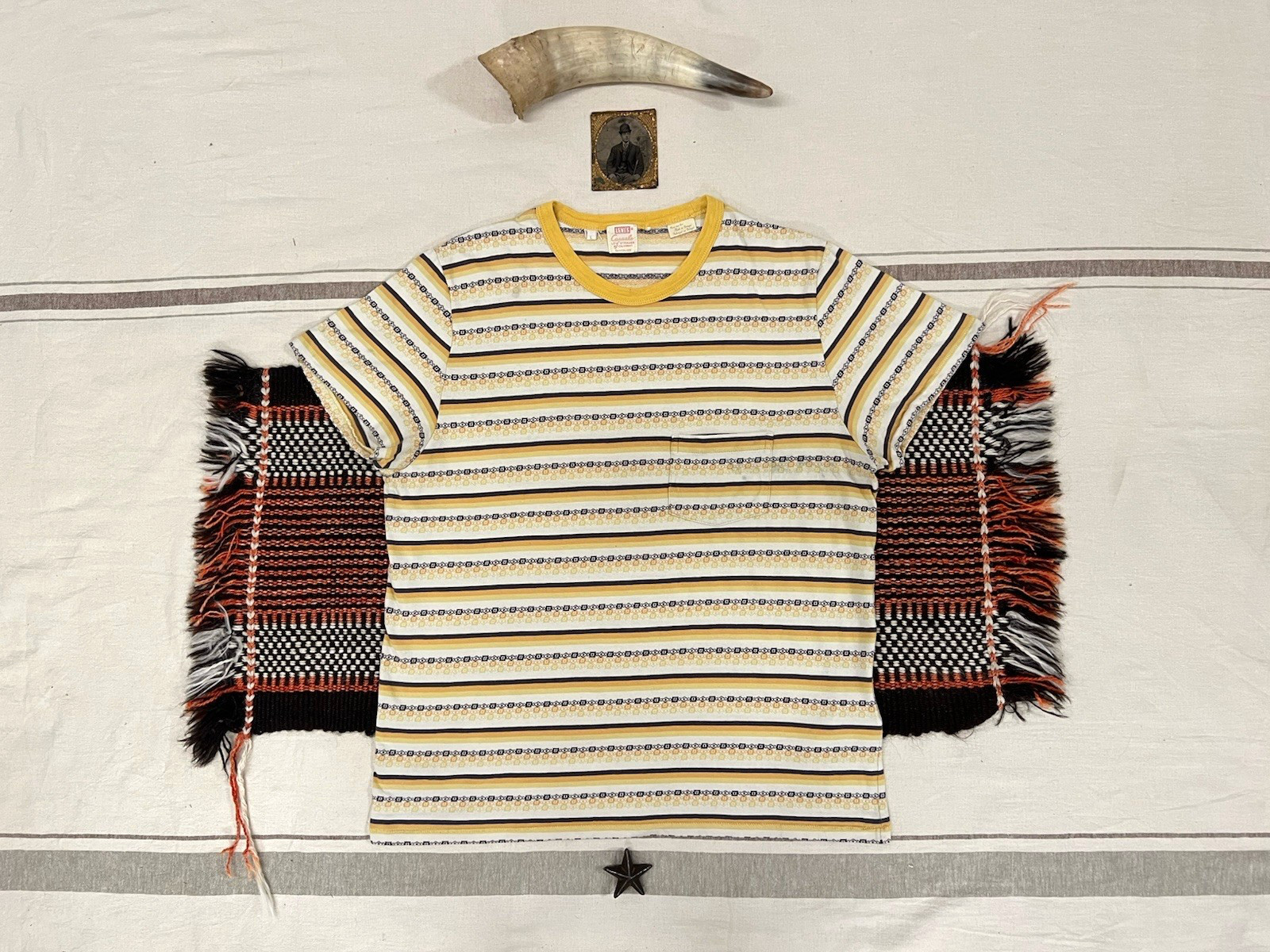 LVC T-Shirt L Levi's Vintage Clothing Casuals Yellow Ringer Fancy Stripe Rare gallery