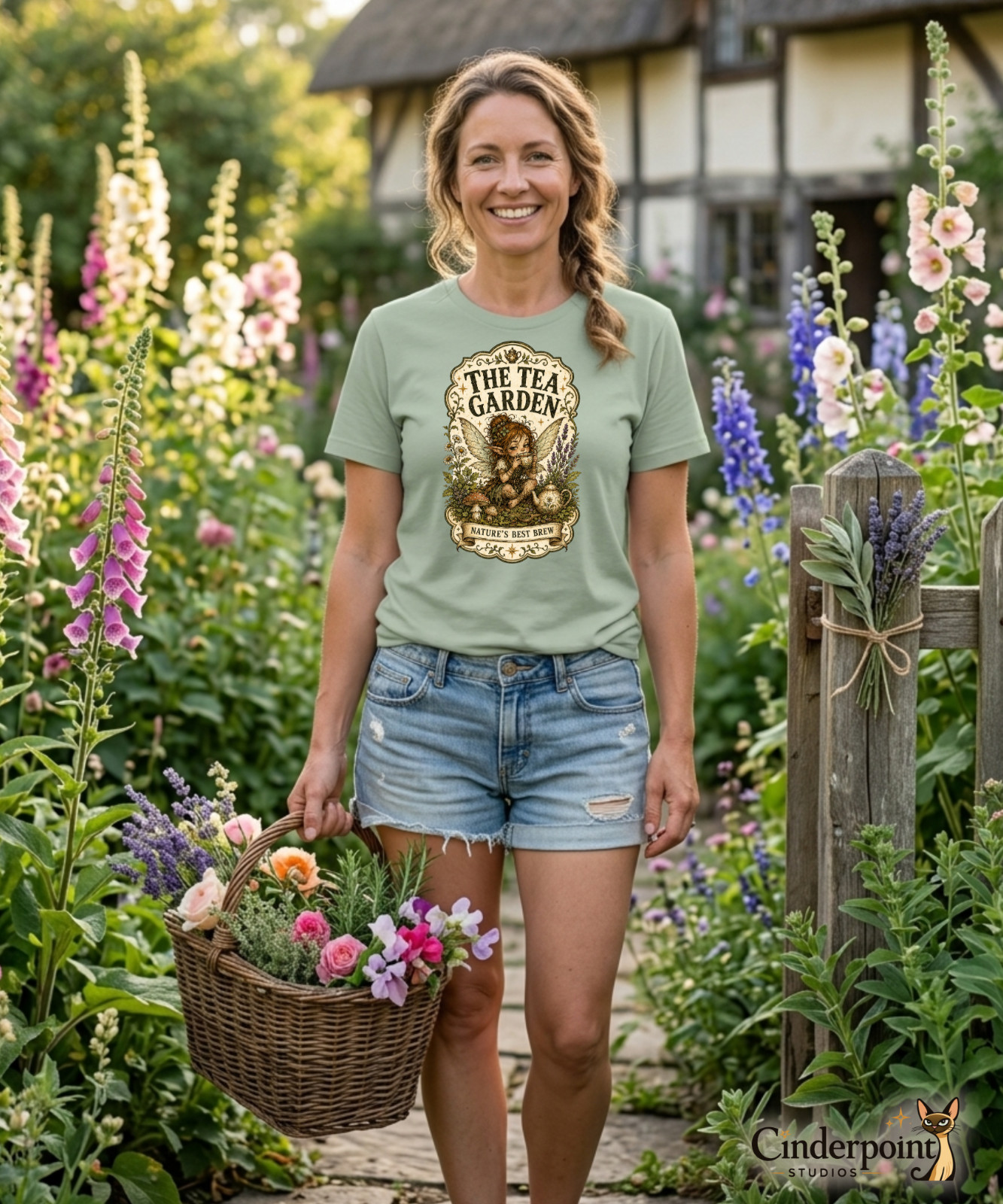 The Tea Garden Fairy T-Shirt Goblincore Fantasy Nature Fae Folk Tee Sage XS-2X gallery