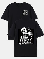 Skull Coffee, Bone Pattern Double-Sided Print Men’s Fashion Trendy T-Shirt