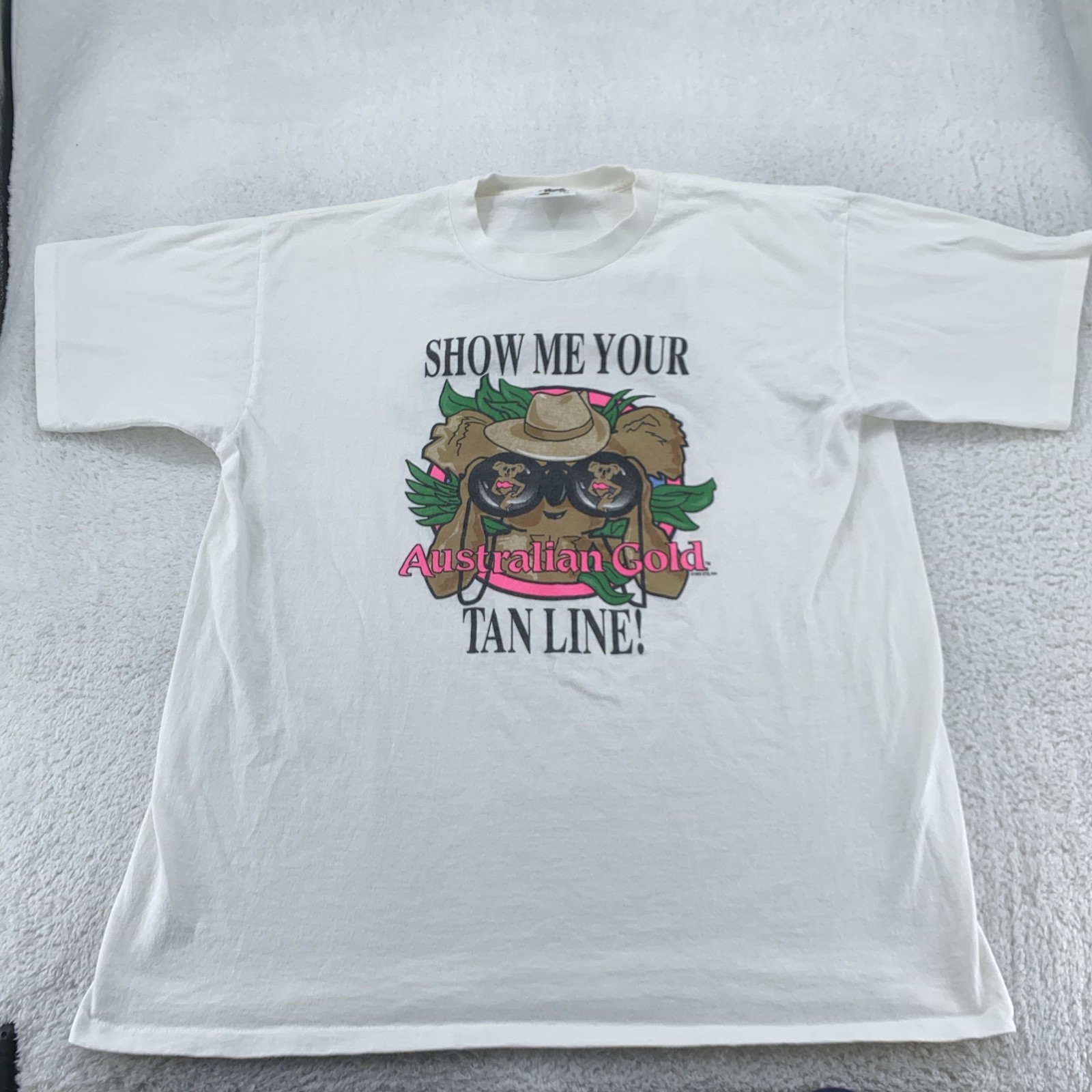 Vintage Australian Gold Shirt Mens L/XL Show Me Your Tan Line Sunscreen 90s gallery