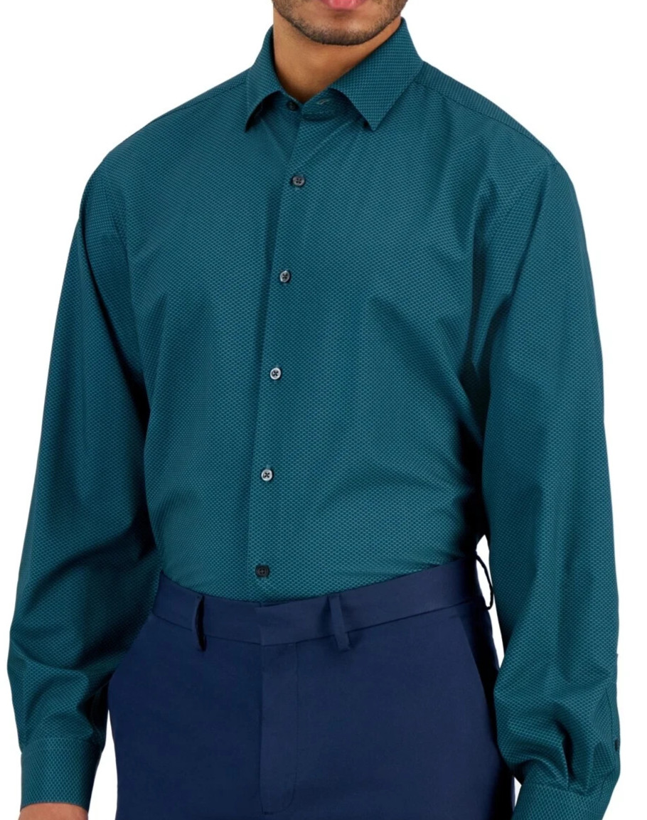 Alfani Men's Regular Fit Maple Geo Print Dress Shirt Teal 17-17.5 in 36/37 gallery