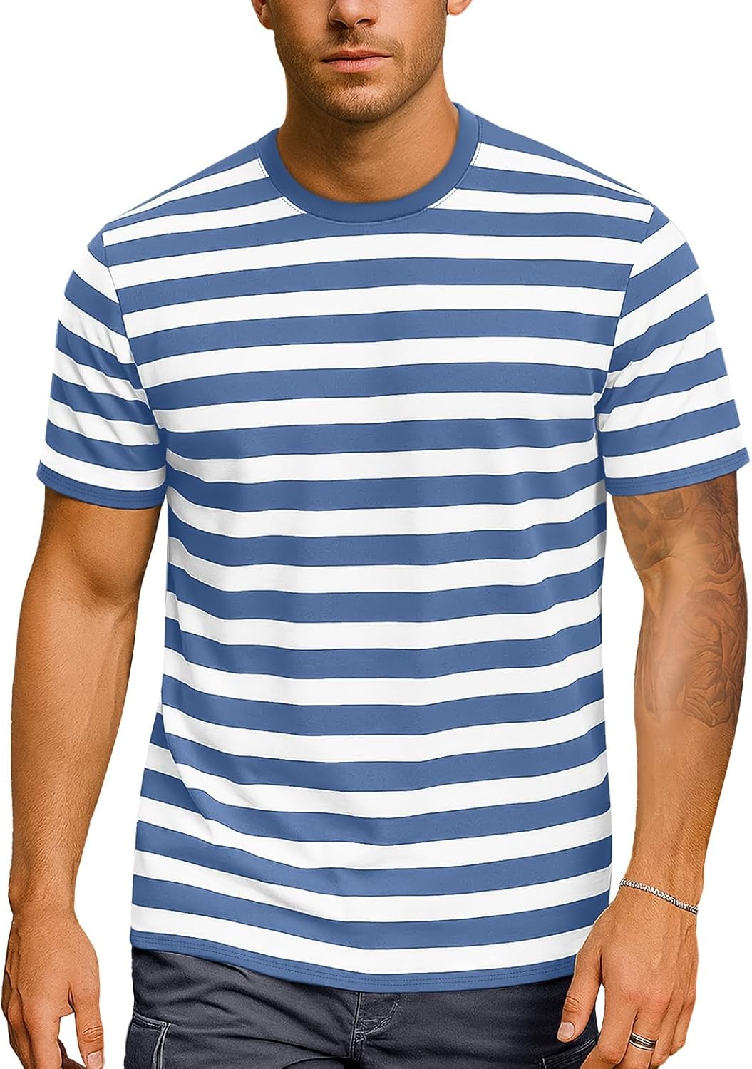 Mens Short Sleeve Striped T Shirt Casual Cotton Stretch Tee for Summer Layering