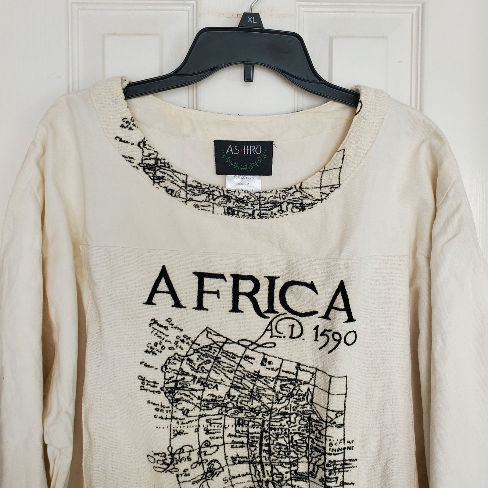 Ashro Africa AD 1590 Map Graphic Long Sleeve Cotton Top Cream Mens Medium gallery
