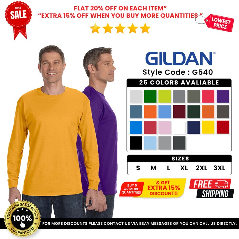 Gildan G540 Men’s Heavy Cotton Preshrunk Tshirt Long Sleeve Crew Neck T-Shirt