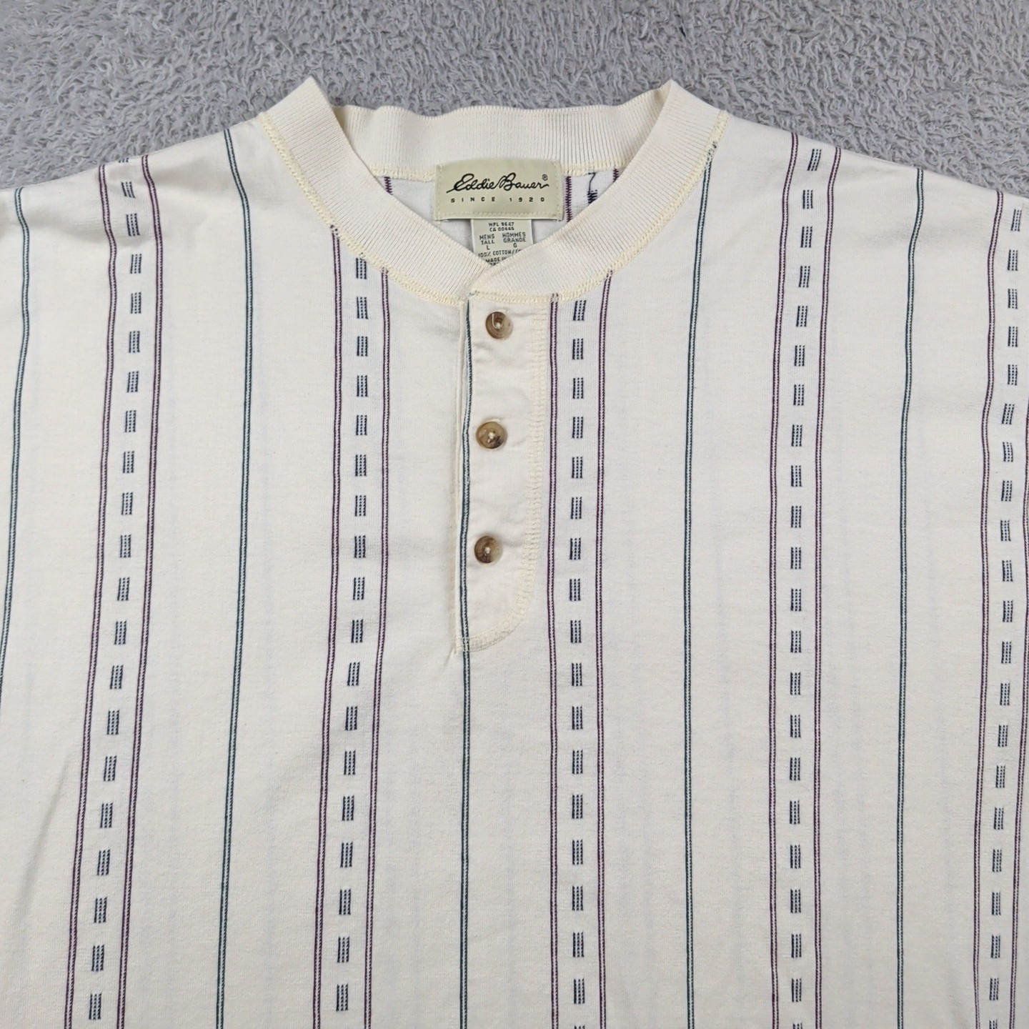 Vintage Eddie Bauer T Shirt Men Tall LT White Stripe Henley Long Sleeve Made USA gallery