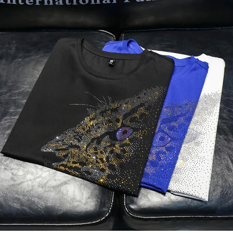New Men Fashion Leopard Trend Hot Diamonds Rhinestones Summer Luxury T-Shirt gallery