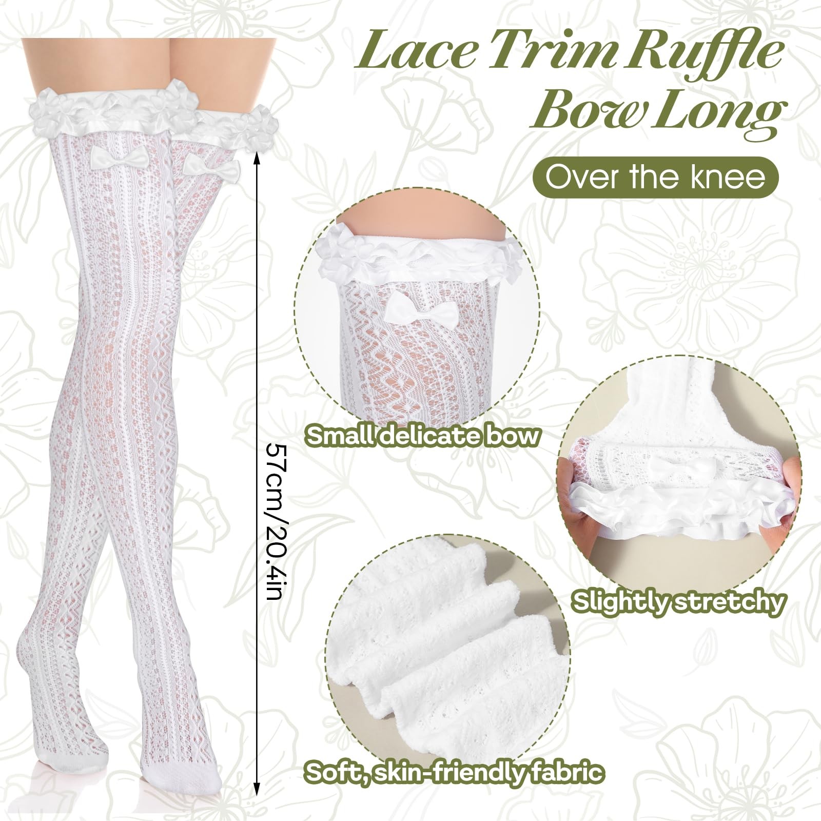 2 Pairs Thigh High Stockings Lace Satin Bow Stockings Women Tight Hosiery White gallery