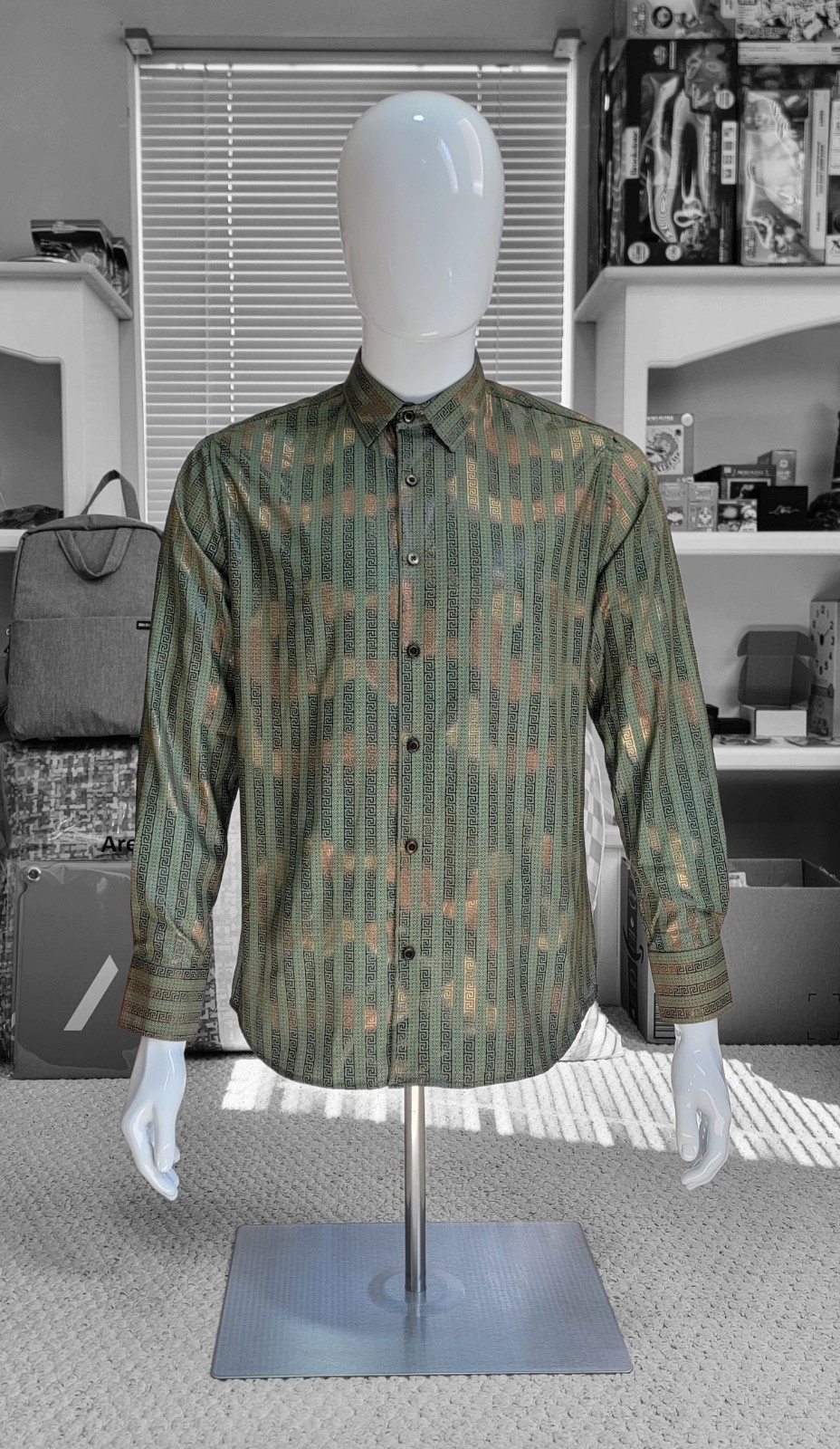 Men's Italian Fashion Long Sleeves Buttom-Up Metallic Green Olive Bronze Shirt gallery