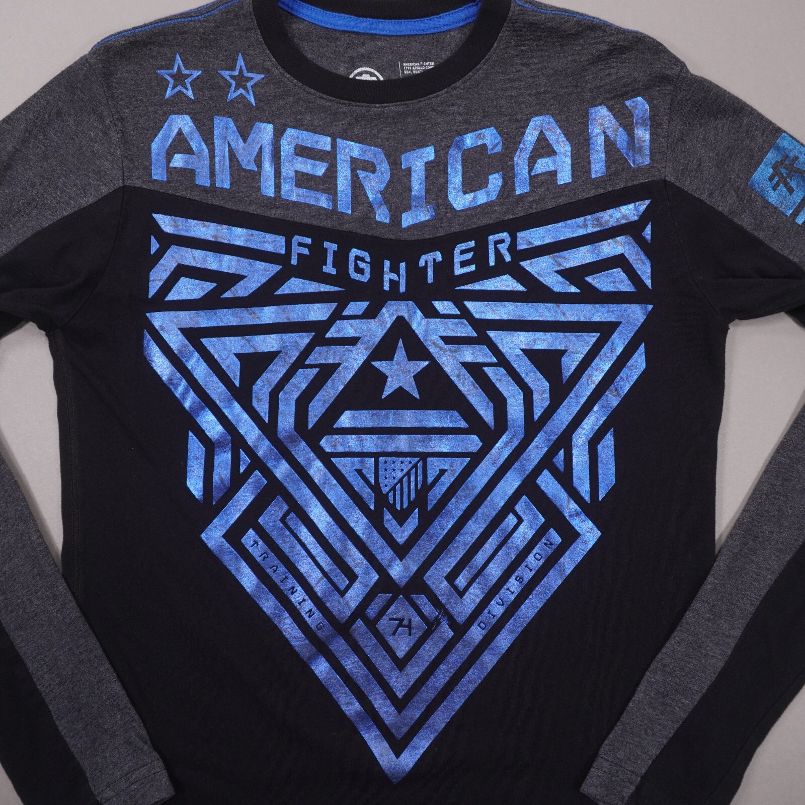 American Fighter Shiny Blue Graphic Long Sleeve T Shirt Mens Small Gray Black gallery