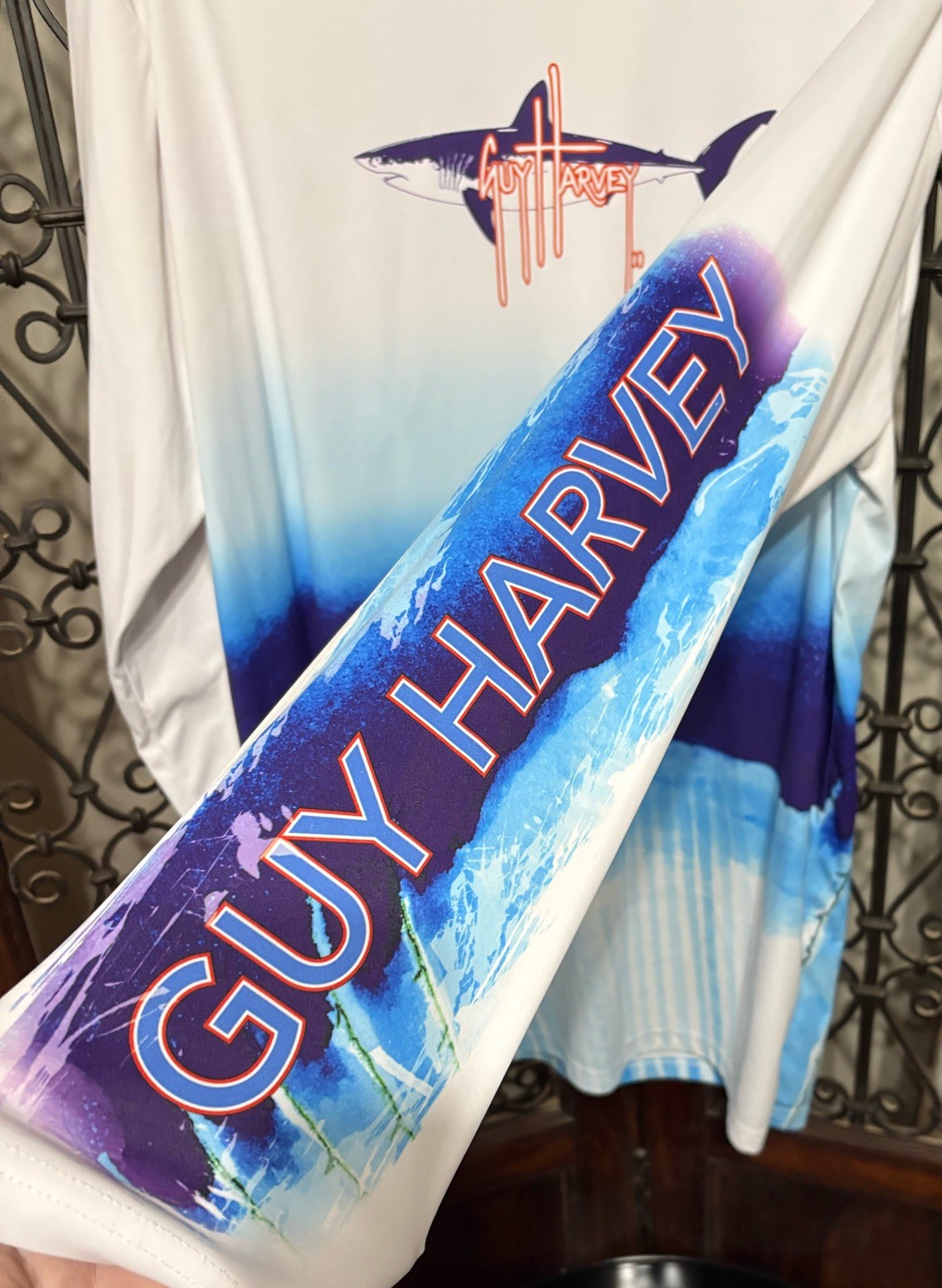 VINTAGE Guy Harvey Compression Shirt Size XXL Shark All Over Print Long Sleeve gallery