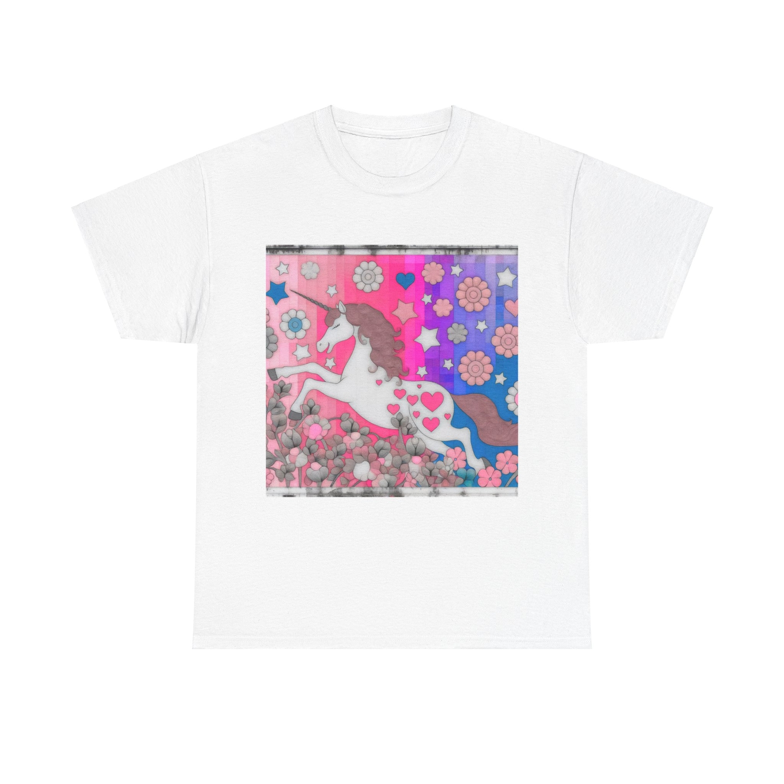 Unisex Adult T Shirt Cheerful Unicorn Pastel Flowers Retro Art gallery