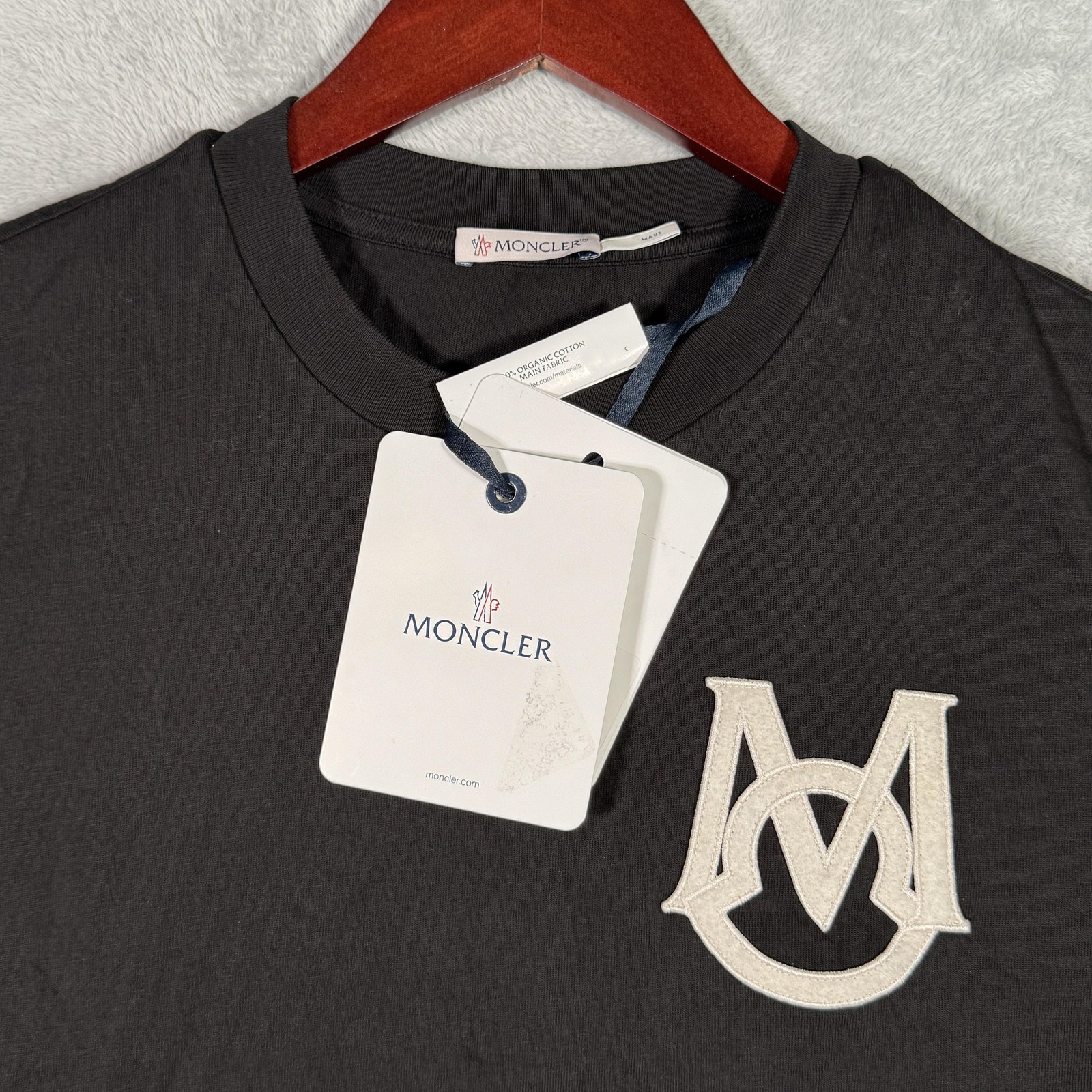 Moncler Shirt Mens Small Black M Logo Patch Organic Cotton Crewneck Tee gallery