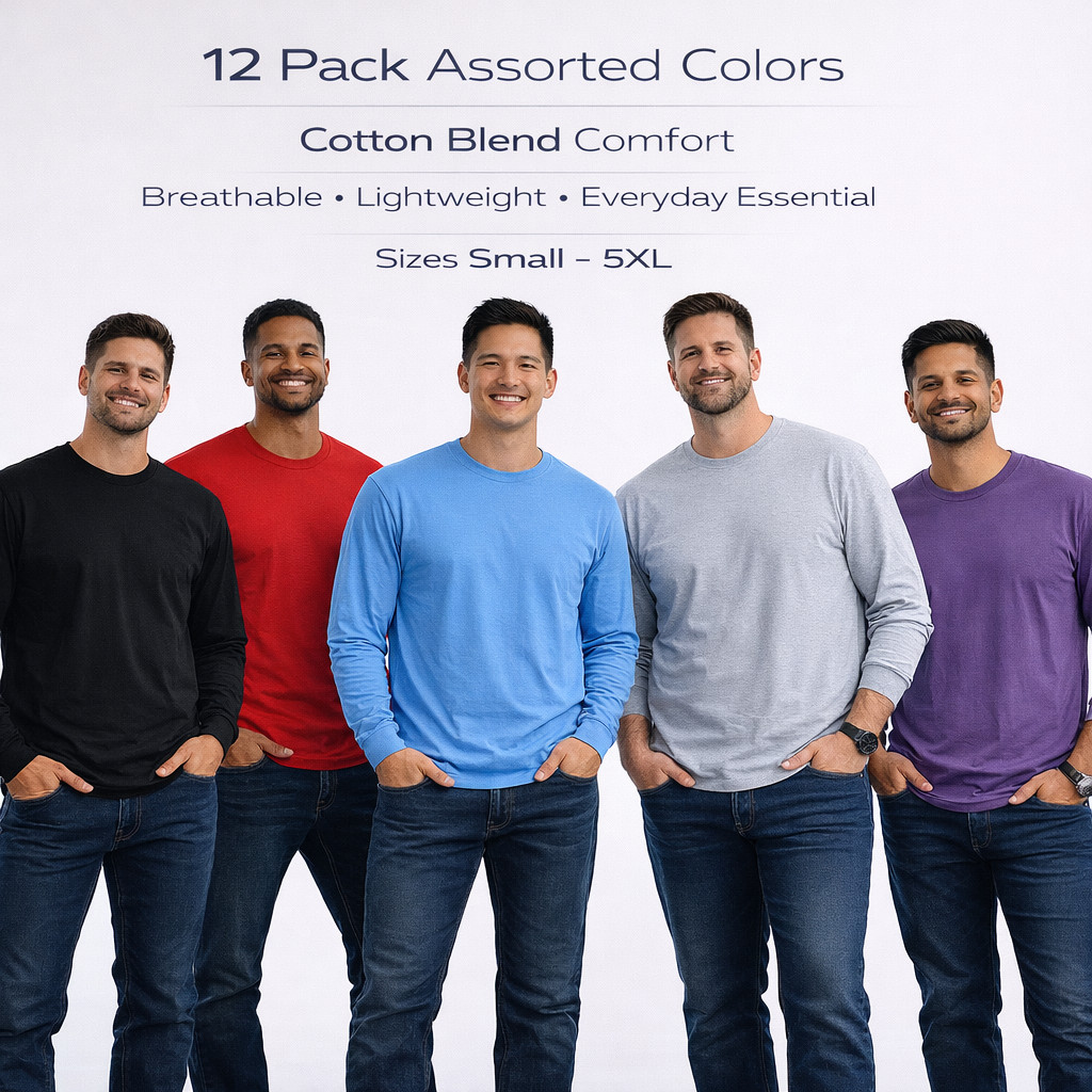 BILLIONHATS Mens Long Sleeve Colorful T-Shirts, 100% Cotton -Crew Neck Bulk Tees gallery