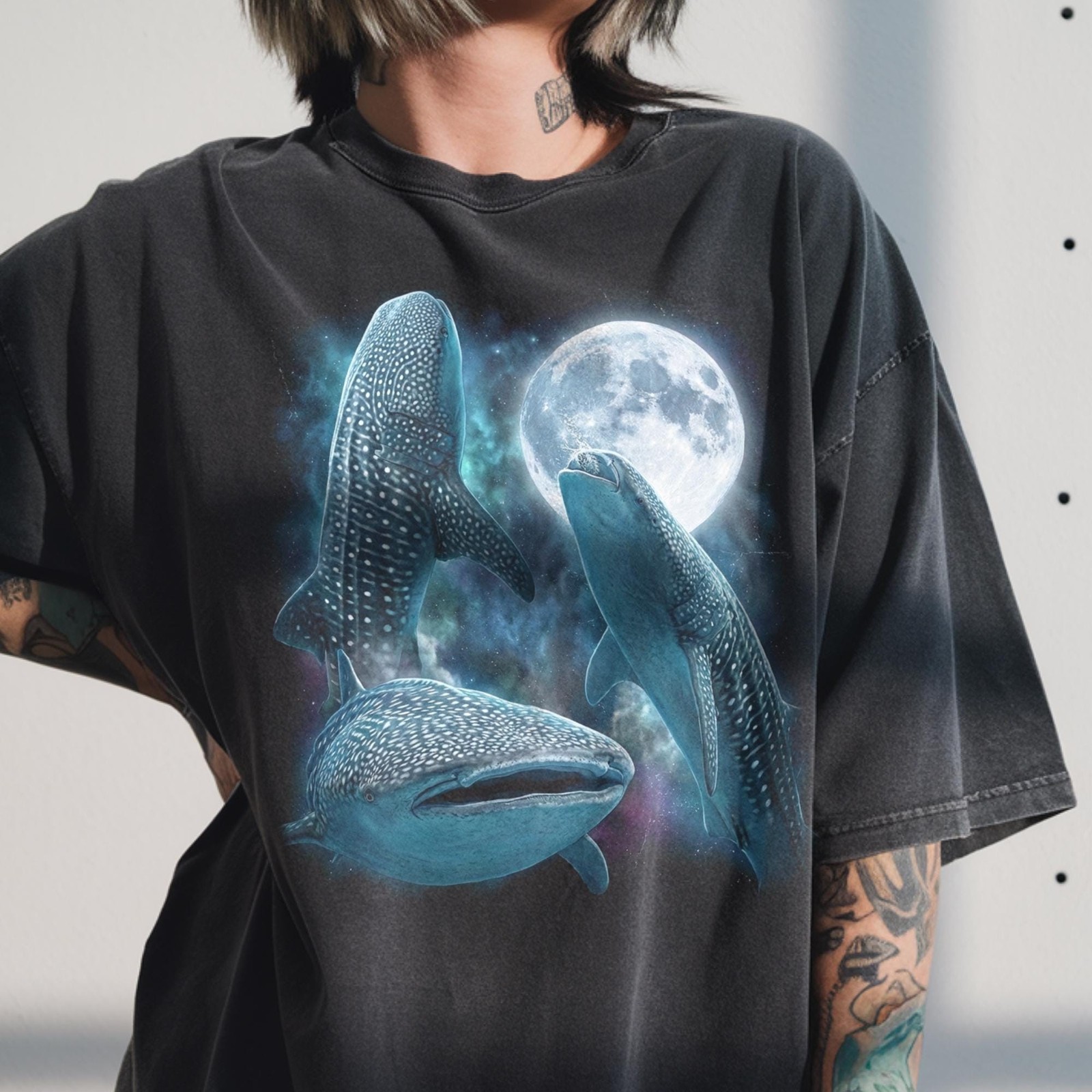 Comfort Colors Three Whale Shark Moon Shirt Funny Gentle Giant Retro 90s Scub gallery