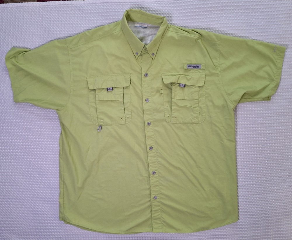 Columbia Lime Green Button Down Polyester Nylon Fishing Shirt Size L