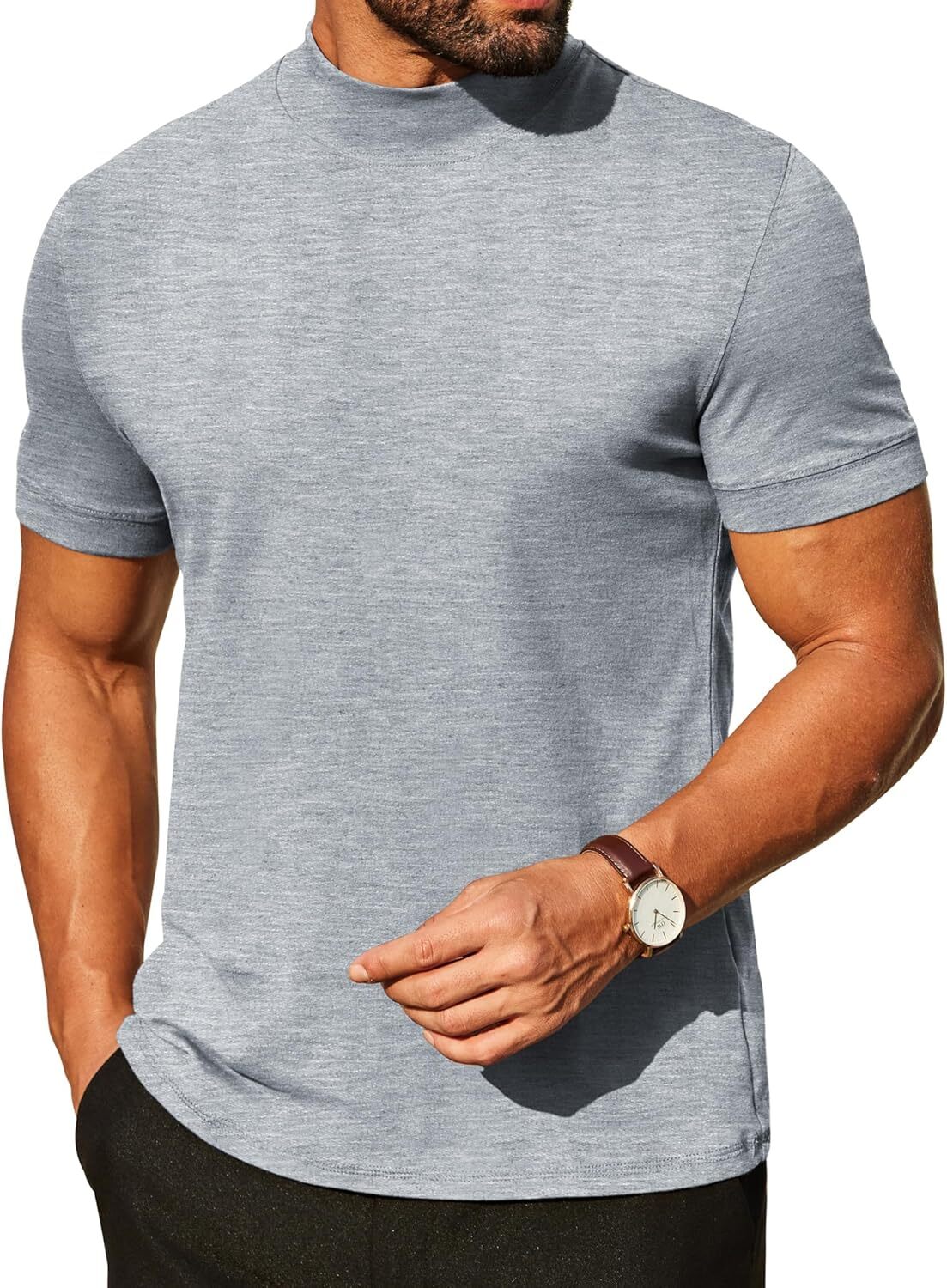 Mens Premium Cotton Short Sleeve Mock Turtleneck Half Neck Basic Tee Casual Fit gallery