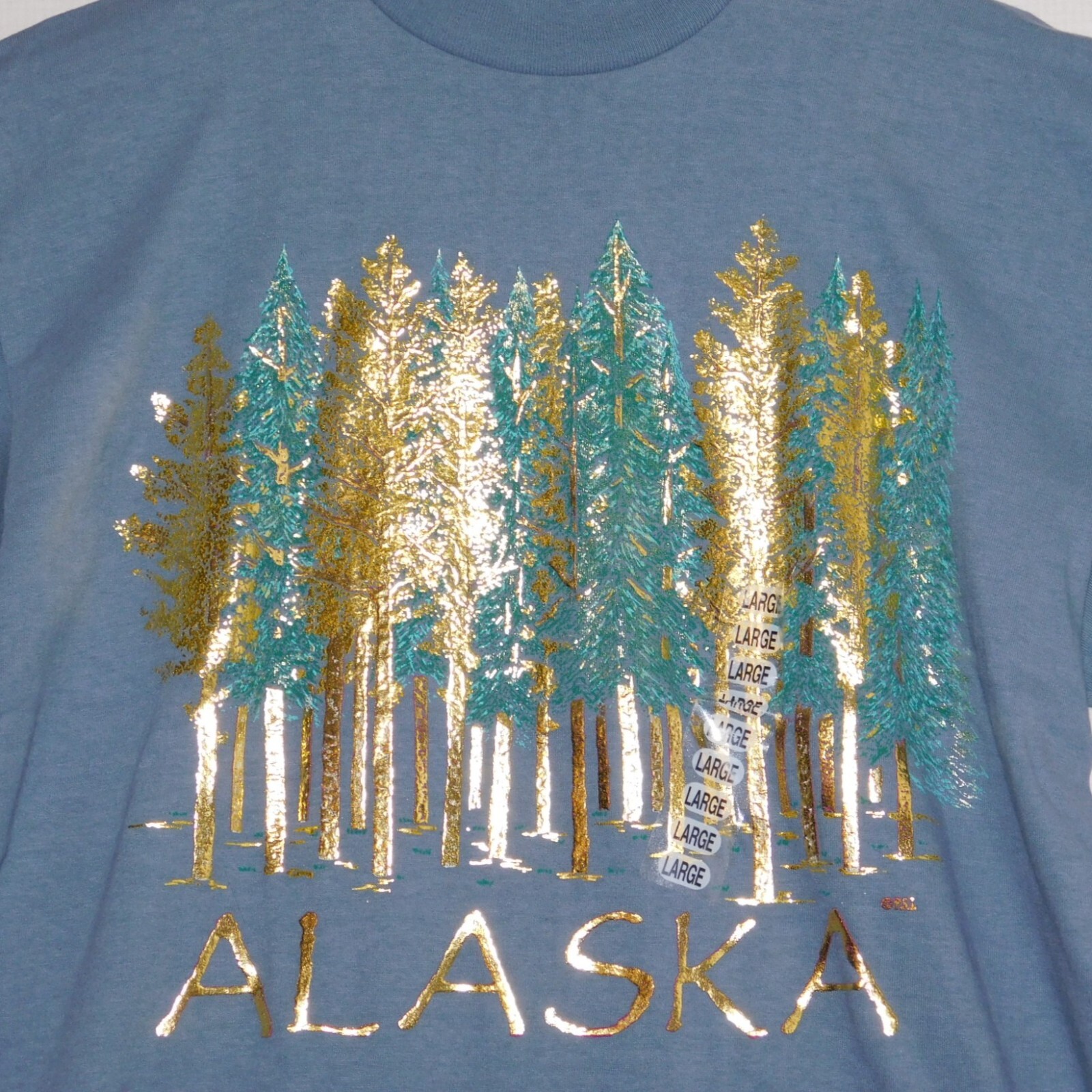 Vintage 1990s ALASKA USA Shiny Gold Metallic Forest NWT Unworn T Shirt Mens L gallery