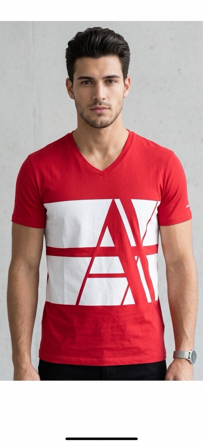 ARMANI EXCHANGE Red BOLD STRIPED Short Sleeve Slim Fit Designer V-NECK T-shirt gallery