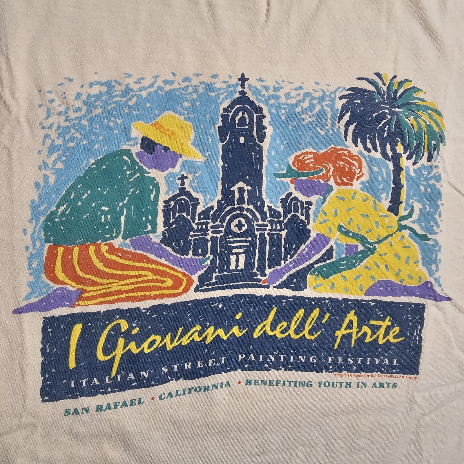Vintage 90s Dan Gilbert Art Group Festival T-shirt Mens L Thrashed Stained Punk gallery