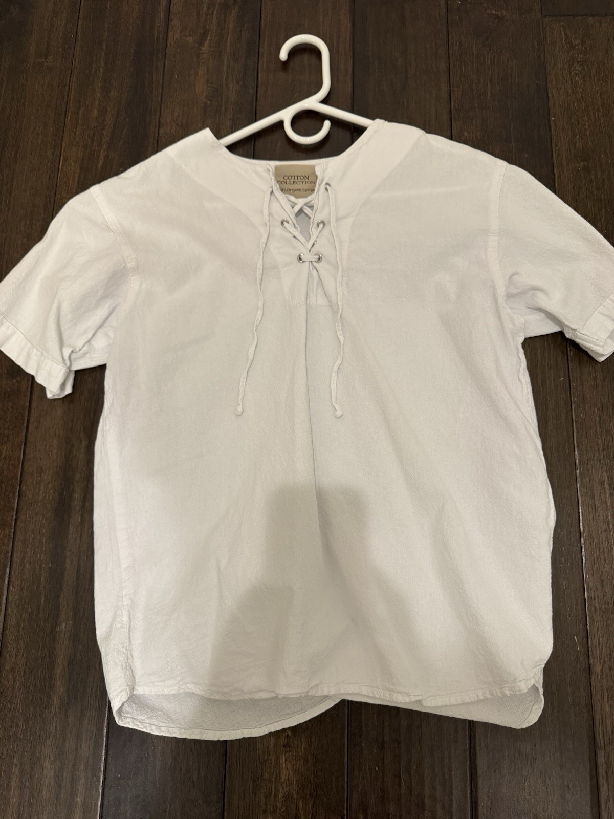Cotton Collection Men’s White Solid Lace-Up Short Sleeve Woven Cotton T-Shirt S