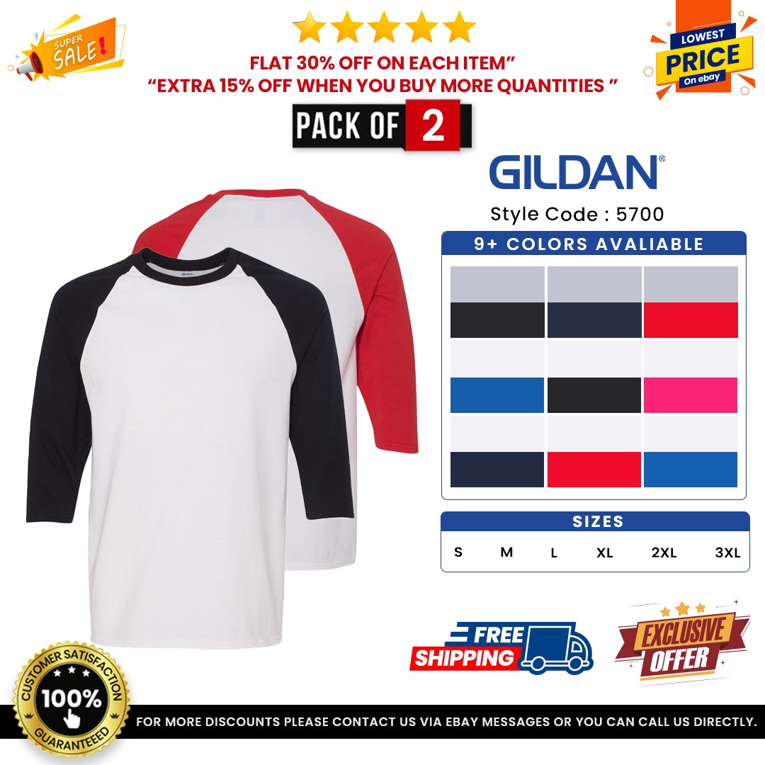 2 Pack Of Gildan G570 Adult Heavy Cotton Three-Quarter Raglan Sleeve T-Shirt