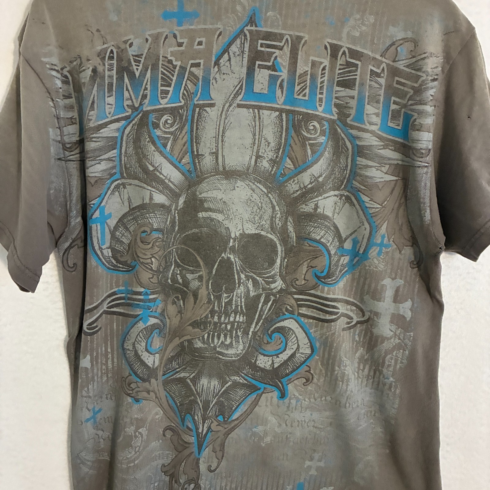 Vtg Y2K MMA Elite Shirt Mens L Grunge Skulls Cross Tattoo UFC Distressed Tee gallery