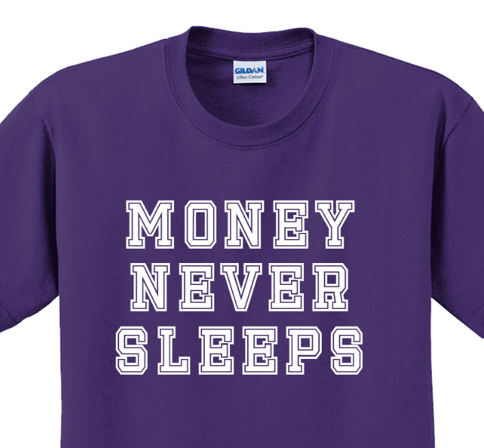 Money never sleeps T-Shirt Short Sleeve Graphic Tee Unisex apparel Text Designs gallery