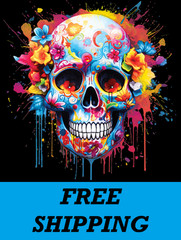 T-SHIRT-NEON FLORAL SUGAR SKULL