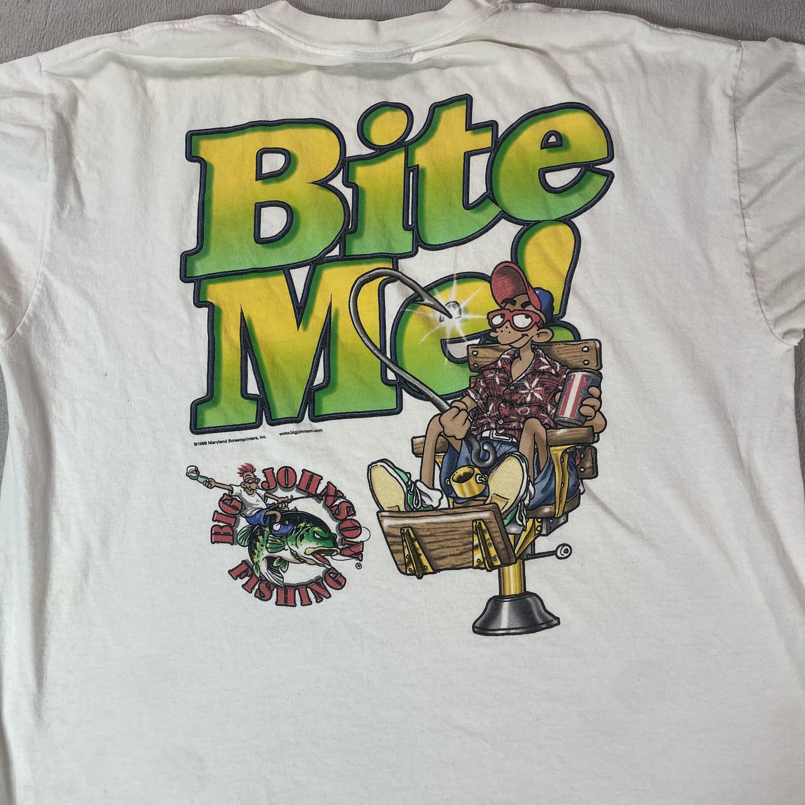 Vintage Big Johnson Shirt Mens XL White Bite Me Fishing Graphic Funny Tee 1999 gallery