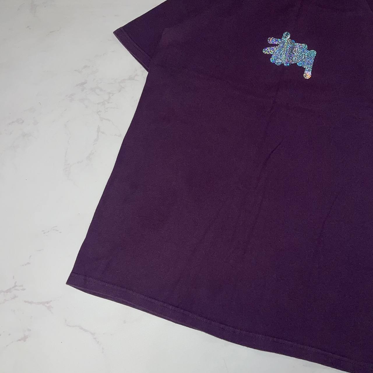 Vintage STUSSY T-Shirt Purple Glitter Logo Y2K Casual Tee Size S gallery