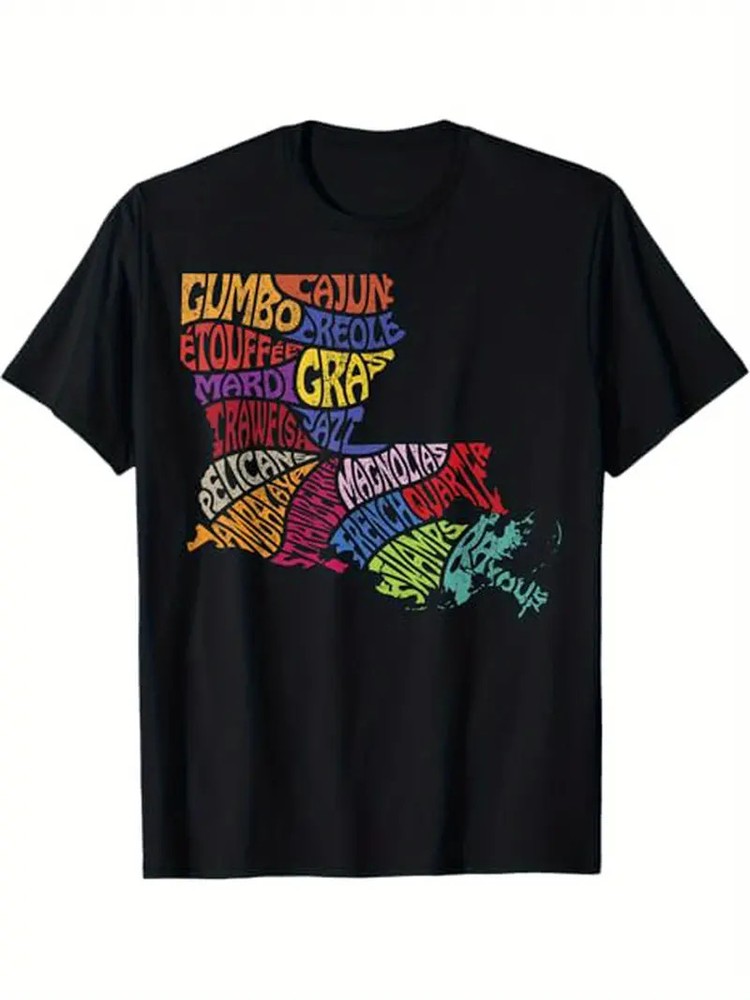 Louisiana State Map Tee Mardi Gras Creole Cajun Culture T-Shirt, 100% Cotton, Gi