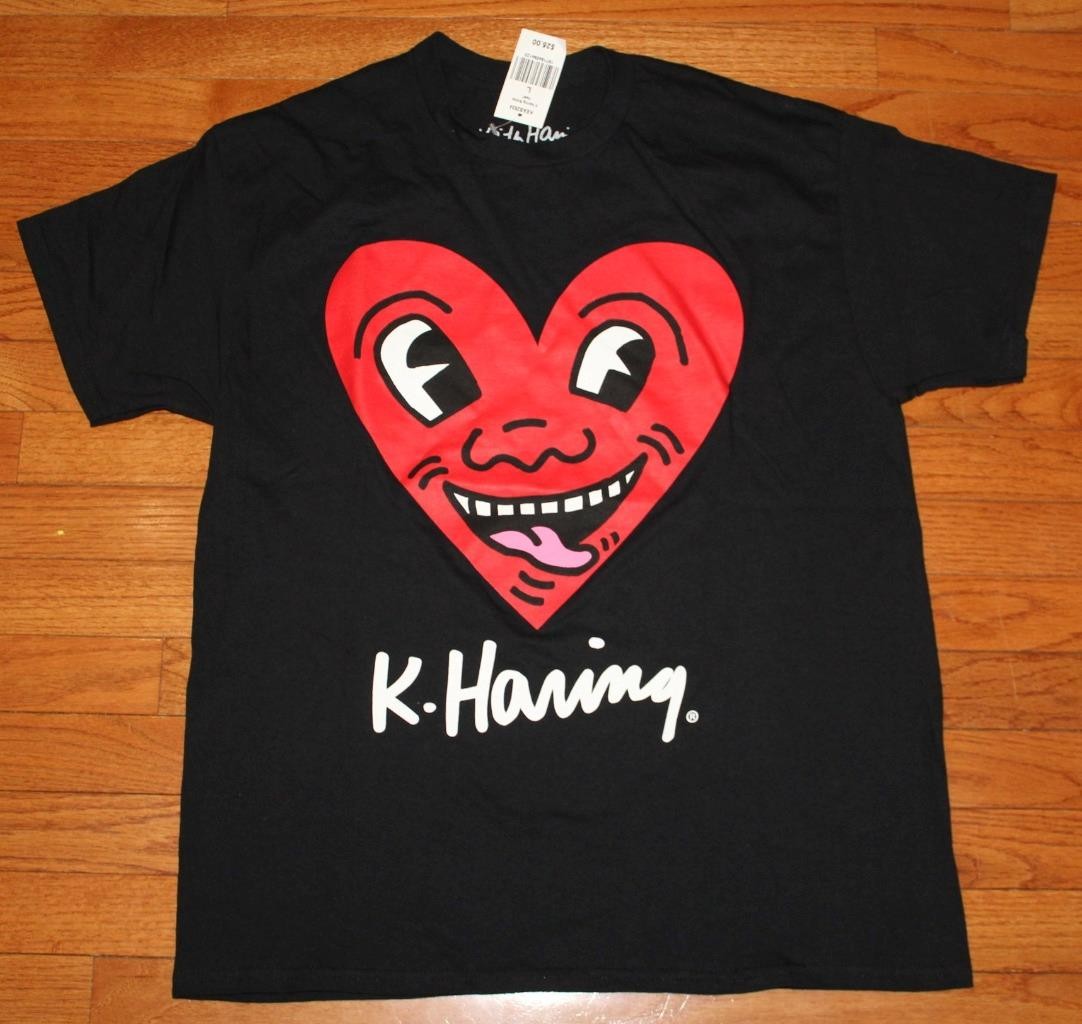 Mens KEITH K. HARING Graphic Tee Black T-Shirt Sz Large SMILEY HEART Pop Art *1M gallery