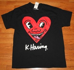 Mens KEITH K. HARING Graphic Tee Black T-Shirt Sz Large SMILEY HEART Pop Art *1M