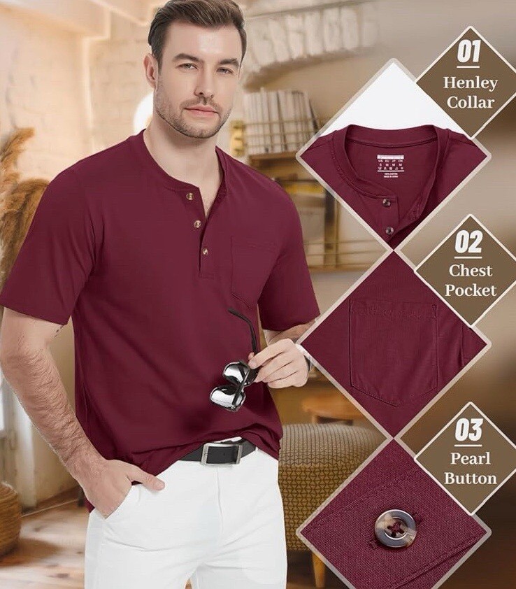 MAGCOMSEN Men's Henley Shirts Short Sleeve Pocket Tee Shirts Wine Red Size 2XL gallery