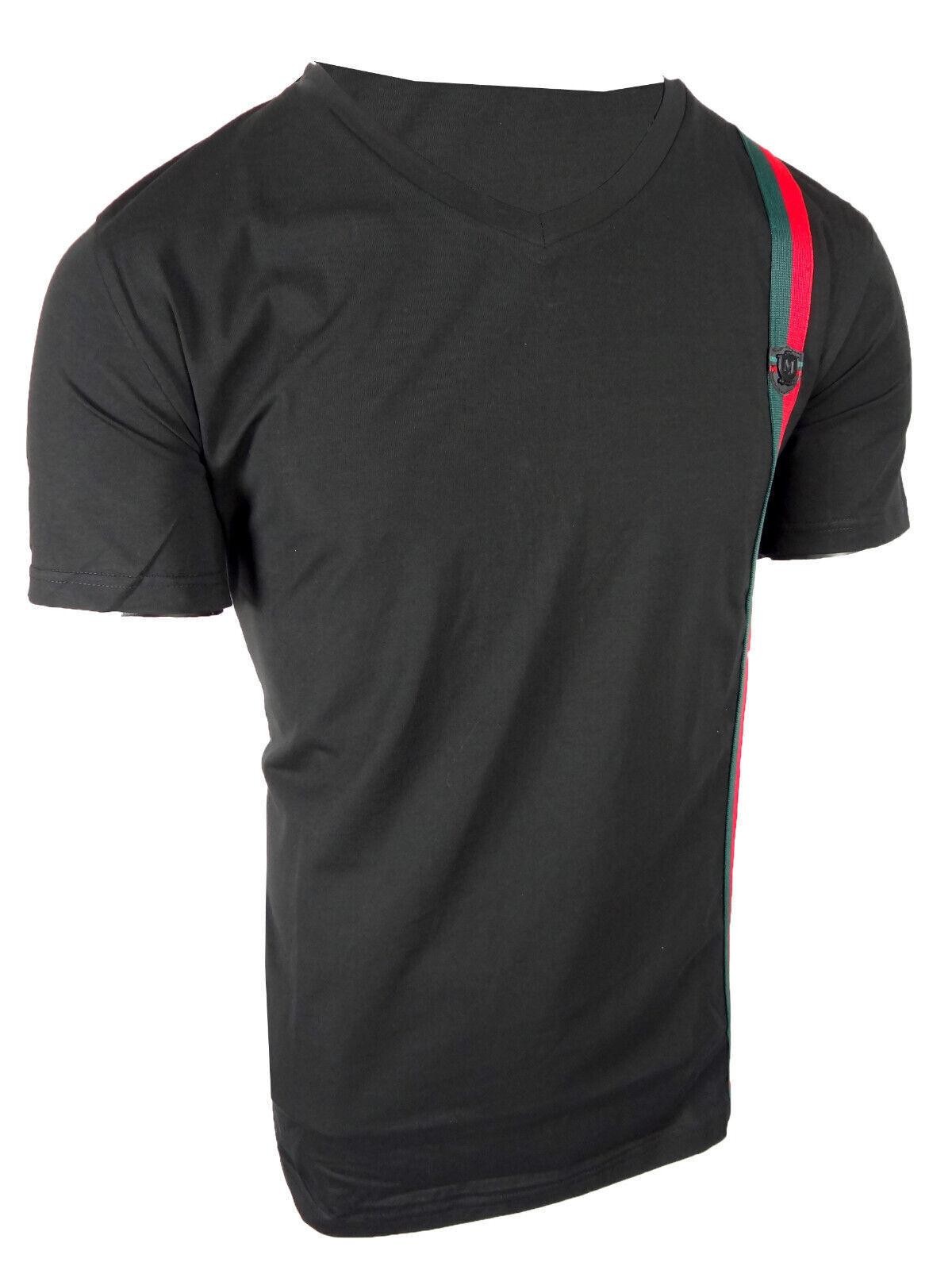Mens T- Shirt Italian Side Sport Stripe Badge V-Neck Slim Fit Stretch Casual gallery