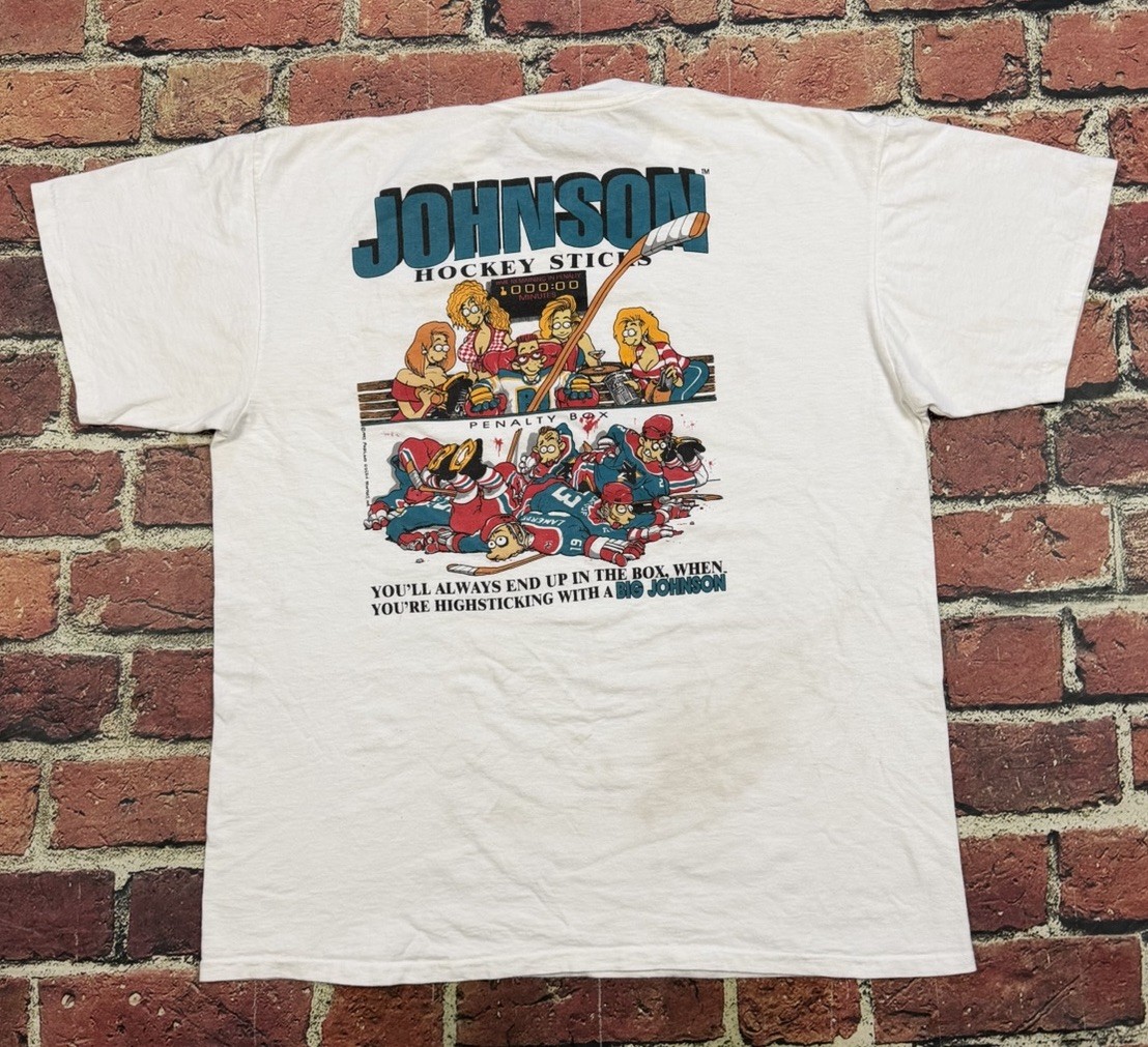 Vintage Big Johnson Hockey Sticks Box T Shirt Single Stitch Funny 90s XL 1993