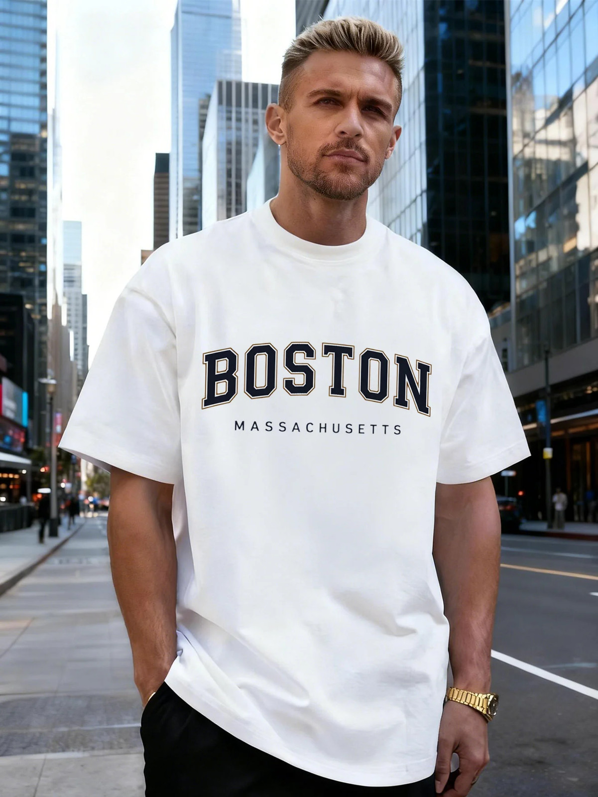 Boston Letter Graphic 100% Cotton Men’s T-Shirt, Suitable for Daily Streetwear