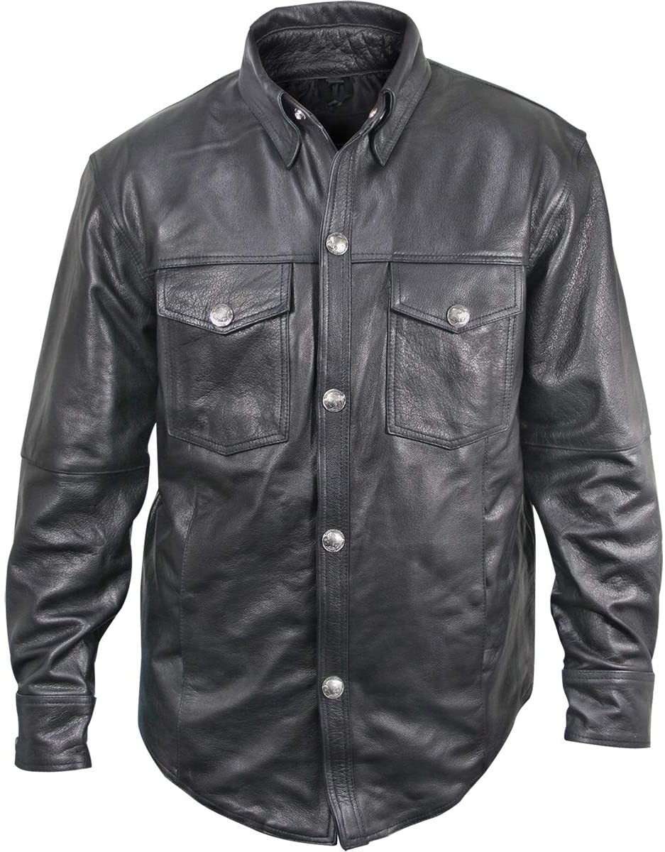 Mens Leather shirt Genuine Lambskin Motorcycle Button Slim Black Jacket Shirt