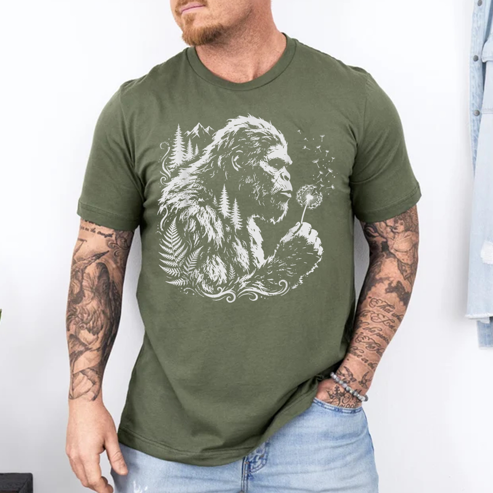 Funny Bigfoot Blowing Wishes Dandelion Nature Vintage Art T-Shirt gallery