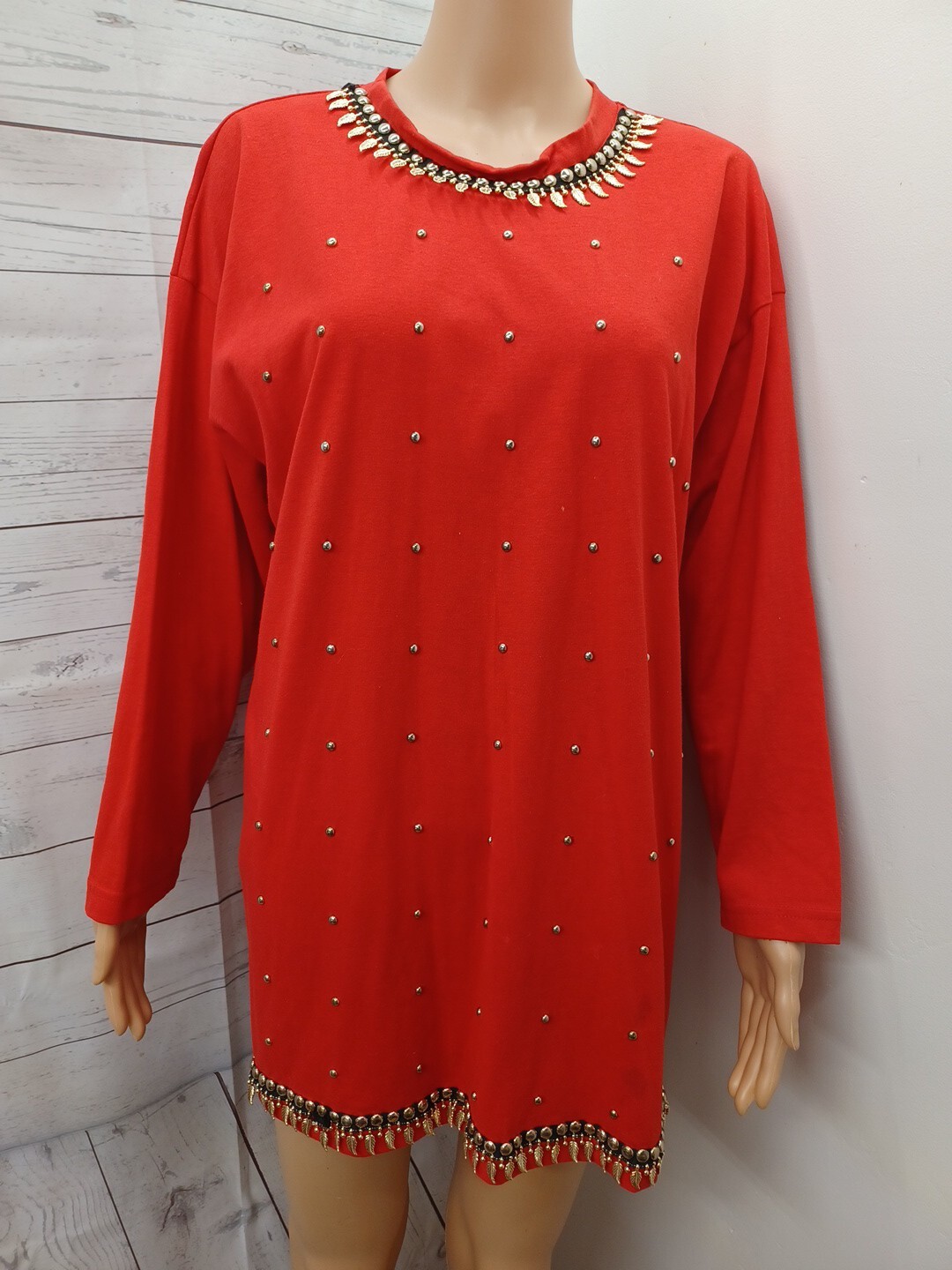 Vtg i7SLi Super Line Womens Red Shirt Bling Studded Metal Leaves  One Size