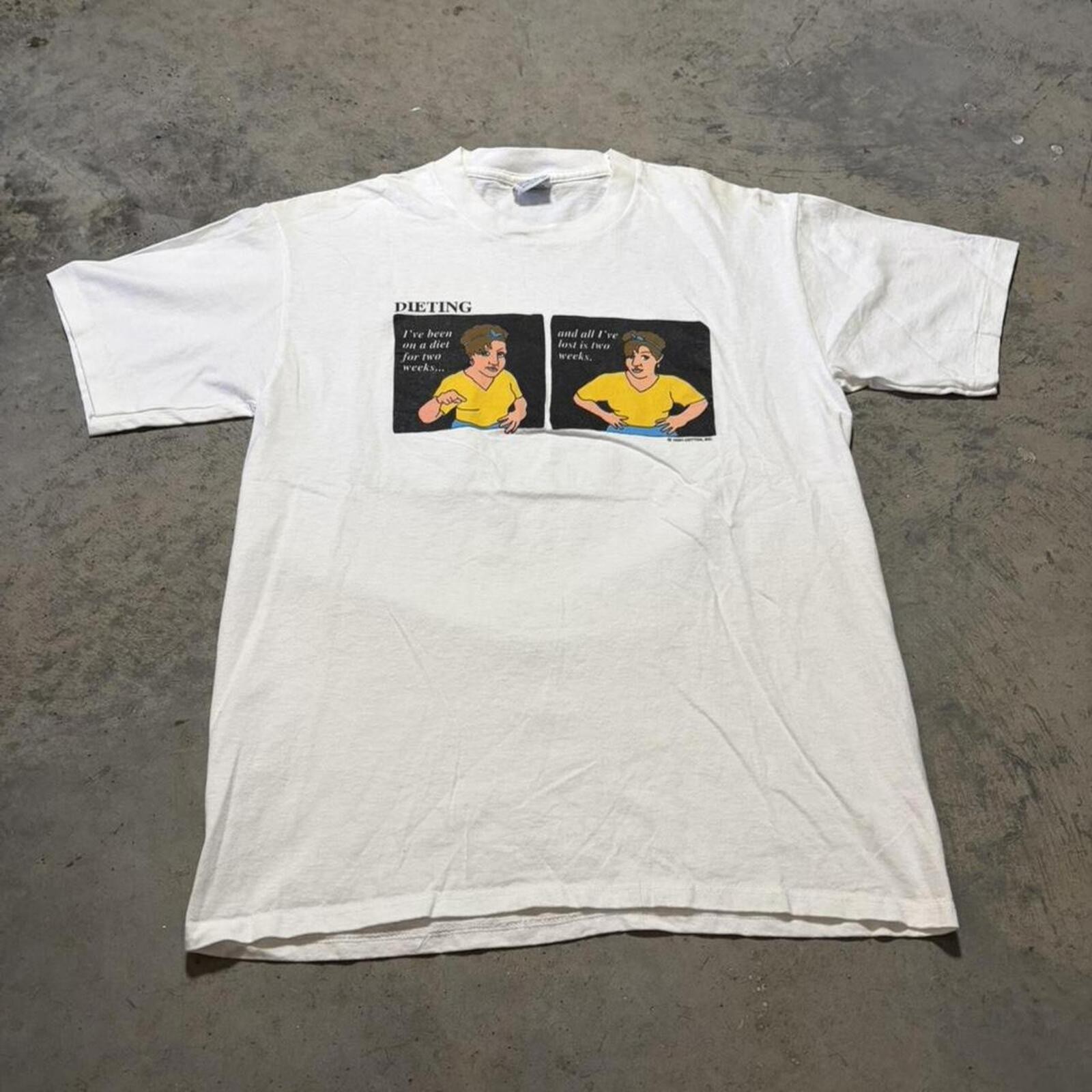 Vintage 90s Dieting Humor Graphic T Shirt High Cotton Novelty White Tee Retro M gallery