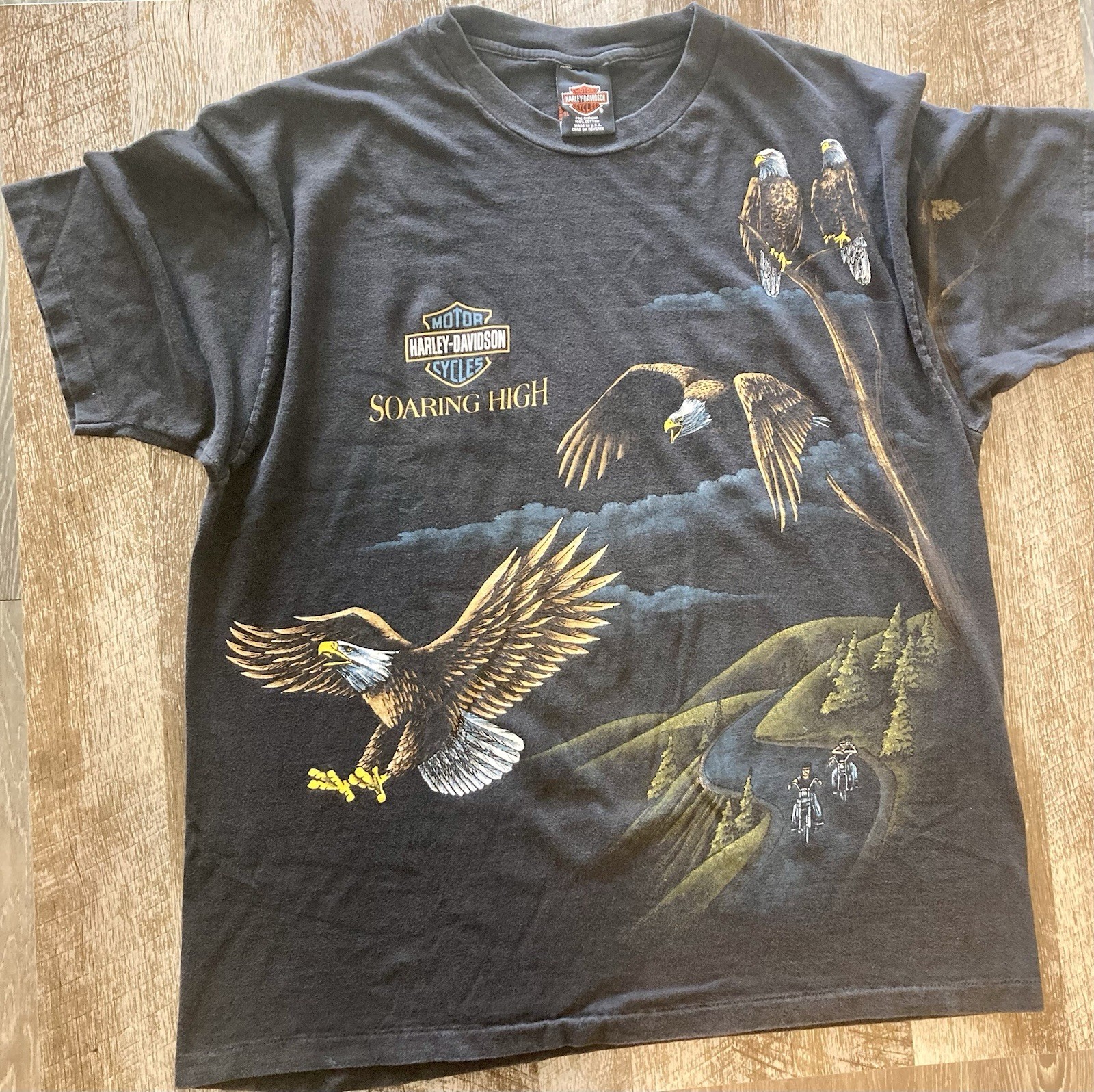 VTG 90s Harley Davidson Eagle AOP Shirt Rare Size XL Black Faded Single Stitch