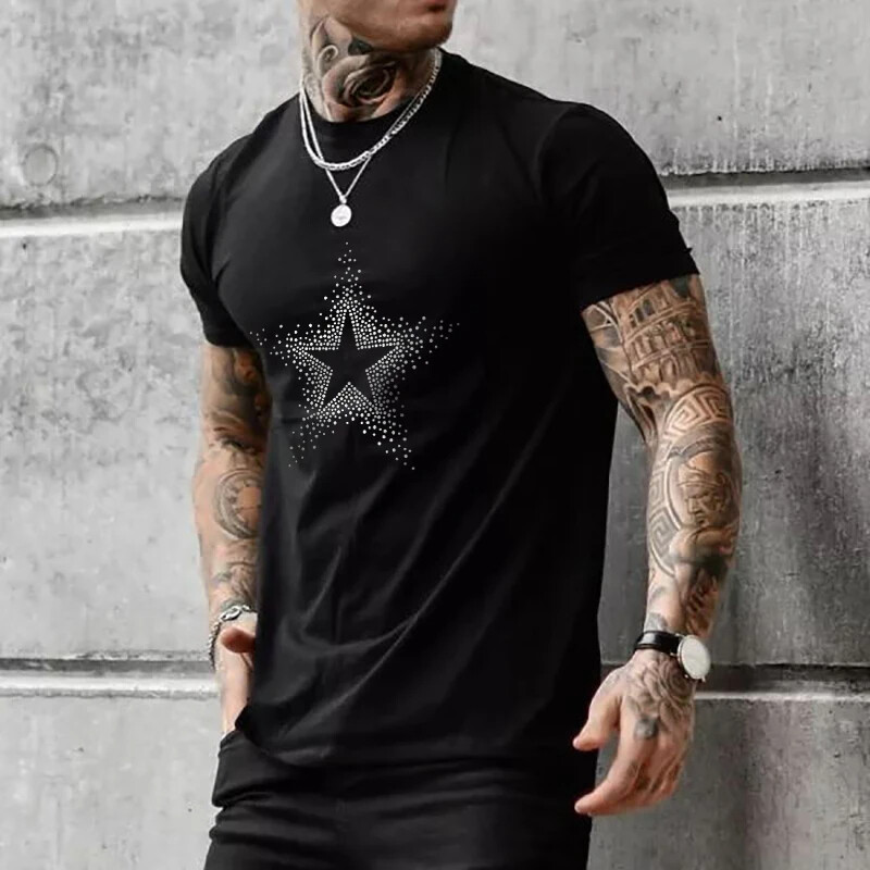 New Men Luxury Diamond Star Rhinestones Fashion Black T-Shirt High Quality gallery